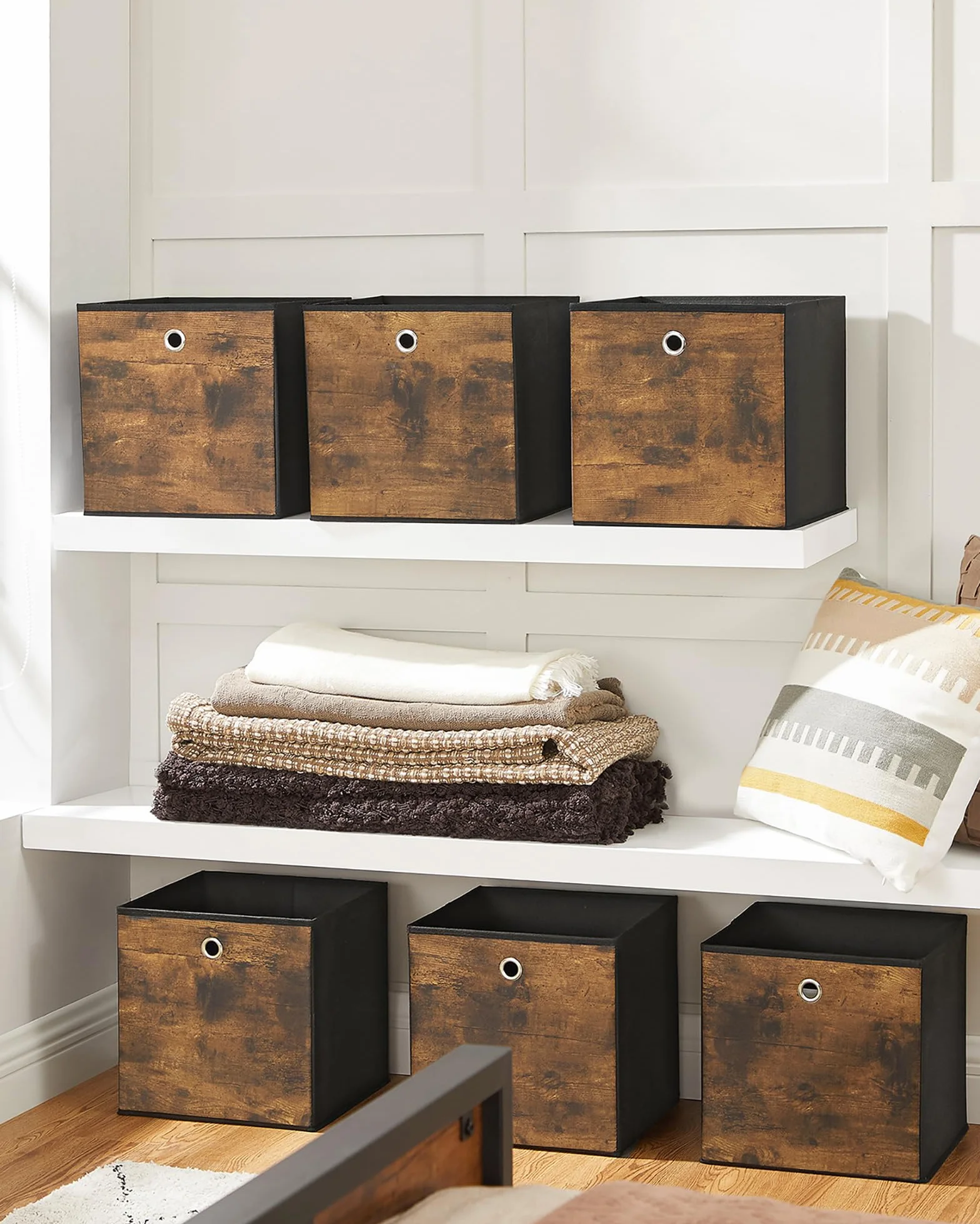 SONGMICS Caja Almacenaje 6 Cajas Almacenamiento Tela Oxford 30x30x30 cm Plegable Marrón Rústico y Negro