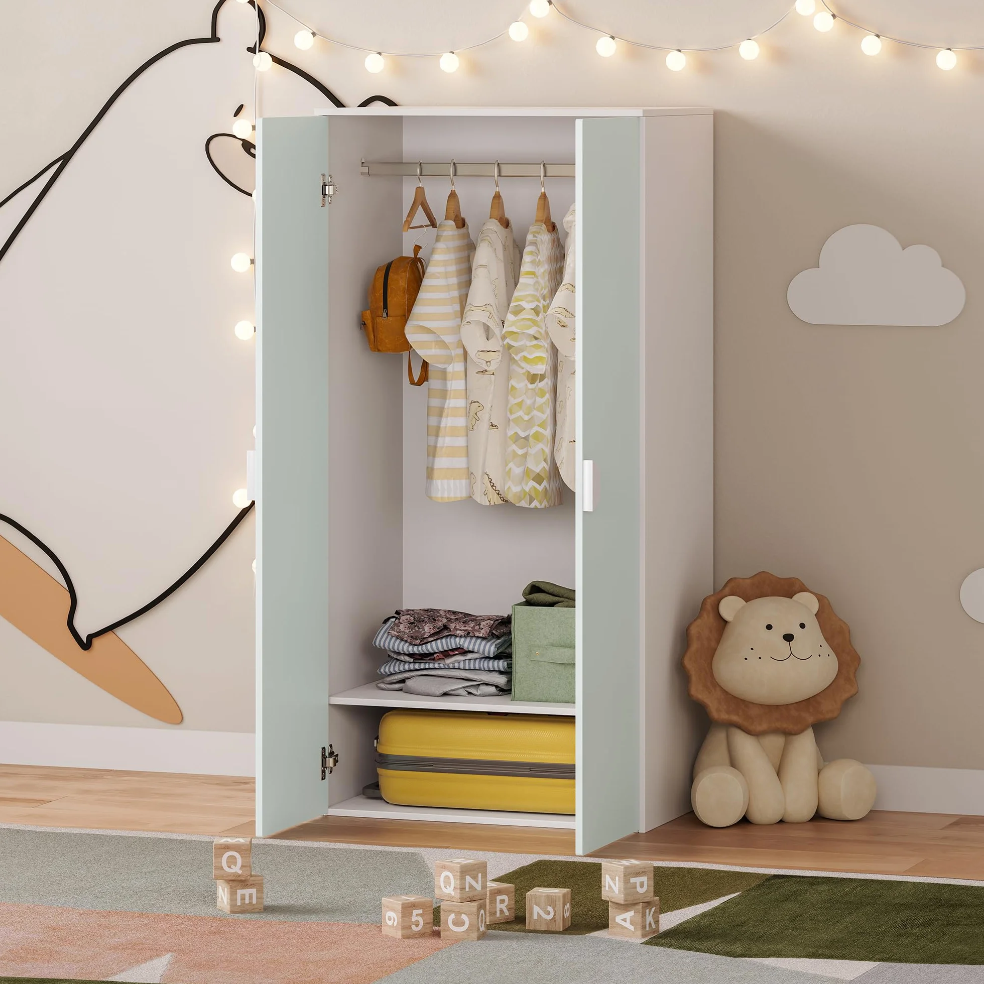 Armario Ropero Infantil Sandnes 123x60x40 cm Blanco/Verde Menta con Barra Colgante y 2 Puertas