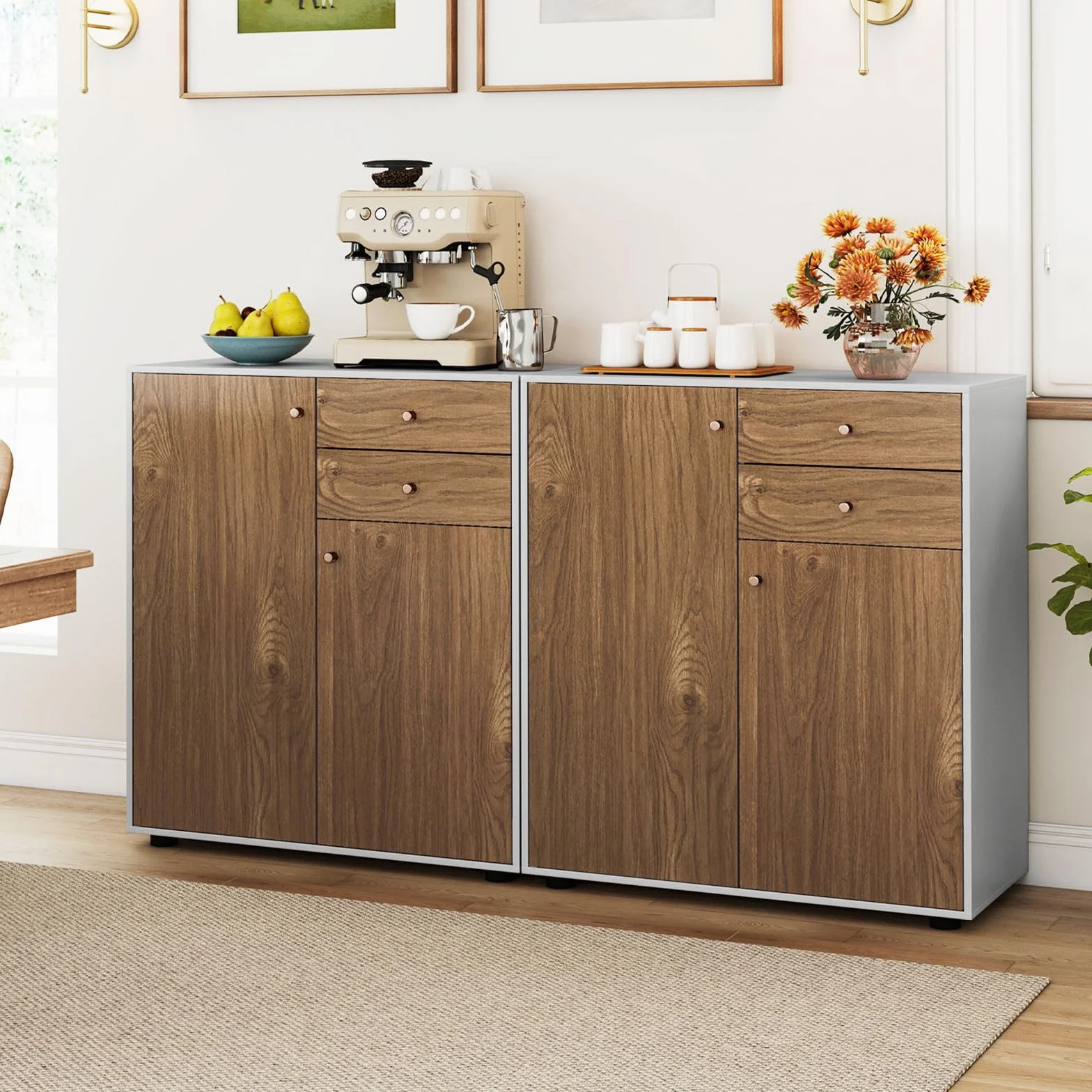 GIANTEX Aparador de Cocina, Armario Buffet con 2 Puertas y 2 Cajones, 3 Estantes Extraíbles y Ajustables, 74 x 35 x 85,5 cm, Mueble de Almacenamiento para Entrada, Salón, Comedor (Natural+Blanco)