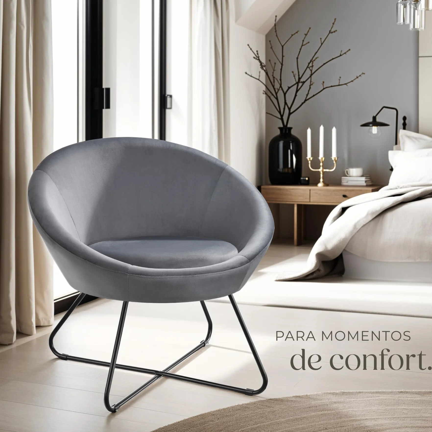tectake® Sillón de Cóctel Redondo, Estilo Escandinavo, Respaldo Continuo, Acolchado con Espuma de Alta Densidad, Sillón Relax, Muebles Salón, Butacas Dormitorio, Silla Tapizada - Terciopelo Antracita