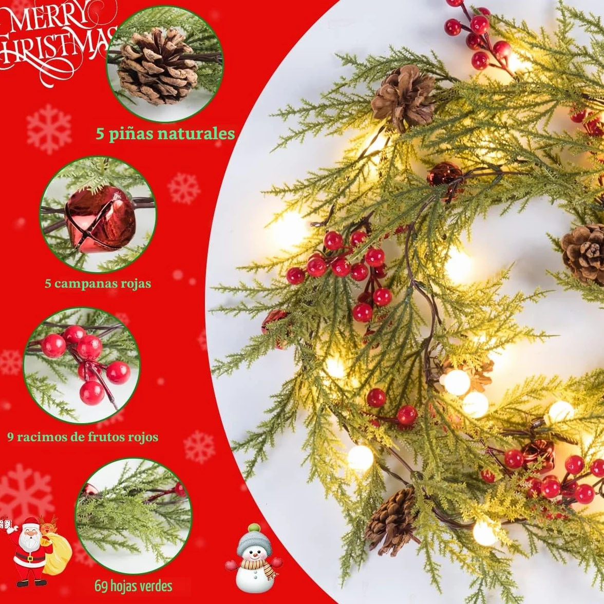 Quntis 1.75M Guirnalda de Navidad Artificial con Luces, 20 LED Guirnalda de Plástico con Pilas/Batería, para Puerta Delantera, Chimenea, Escalera, Mesa, Porche, Interior de Vacaciones, Pino