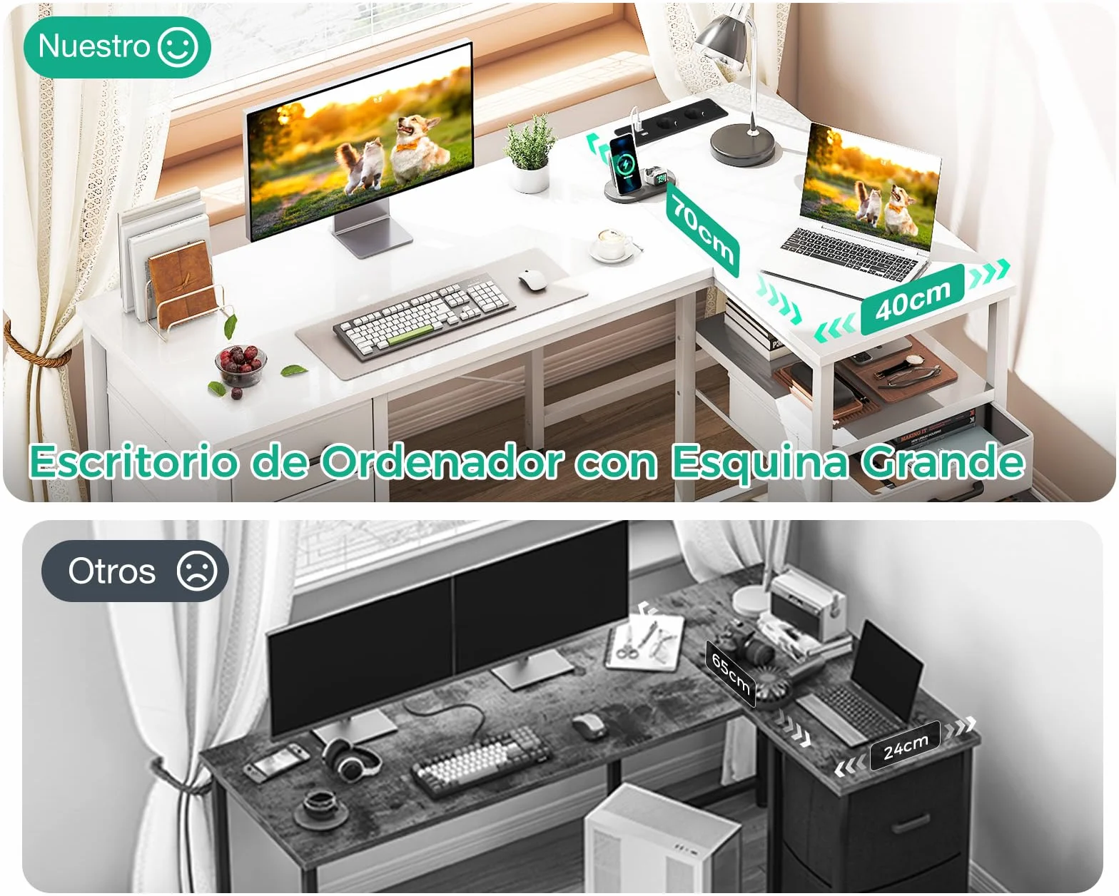 Coleshome Escritorio Esquinero con Cajones de Tela, 140x80cm Reversible Escritorio en L con Cajón para Archivos, Mesa Escritorio para con Puerto de Carga USB y Toma de Corriente, Blanco