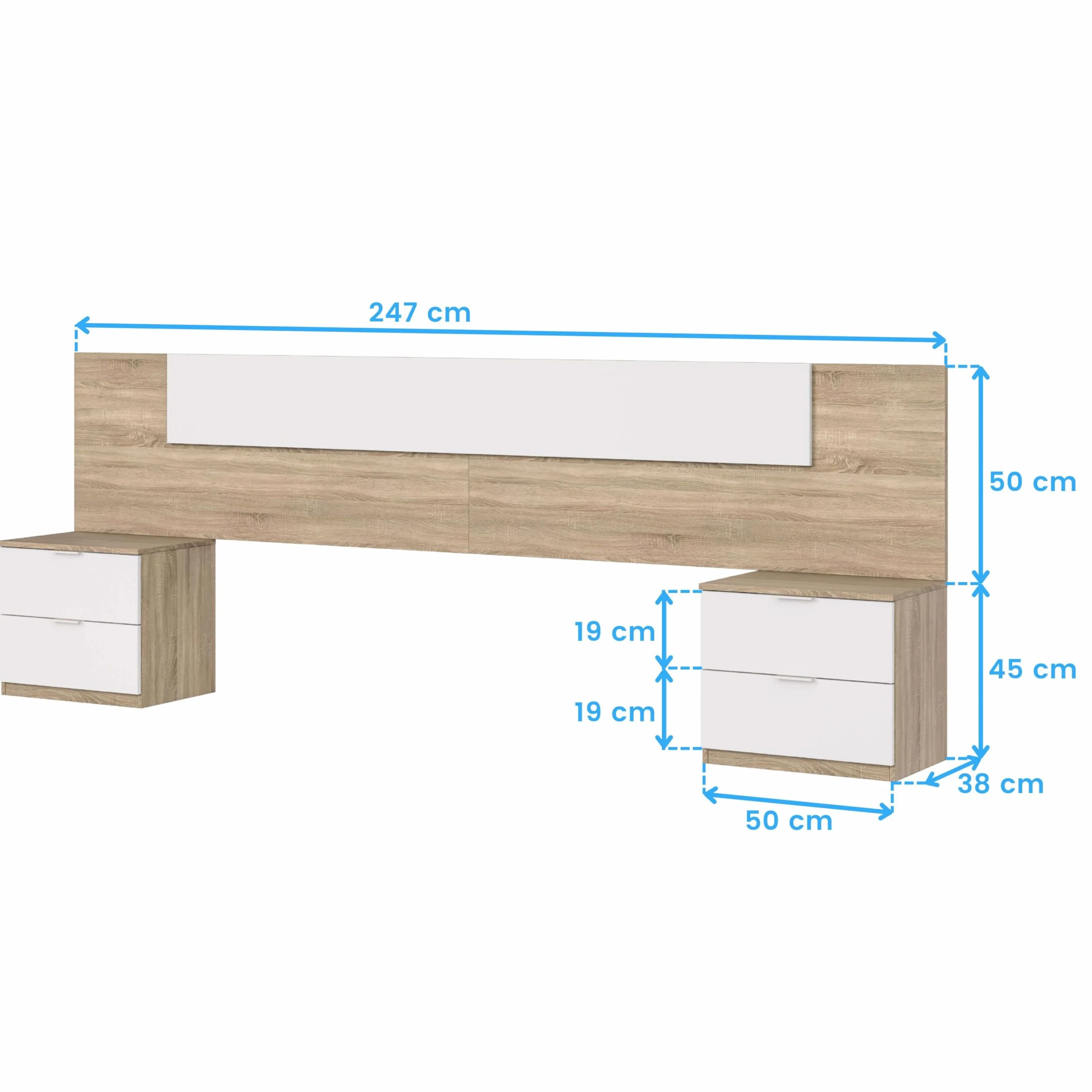 Miroytengo Pack Dormitorio Completo Alaya Color Blanco Y Roble para Camas 150 cm (Cama+cabecero+2 Mesitas+Armario+sinfonier)