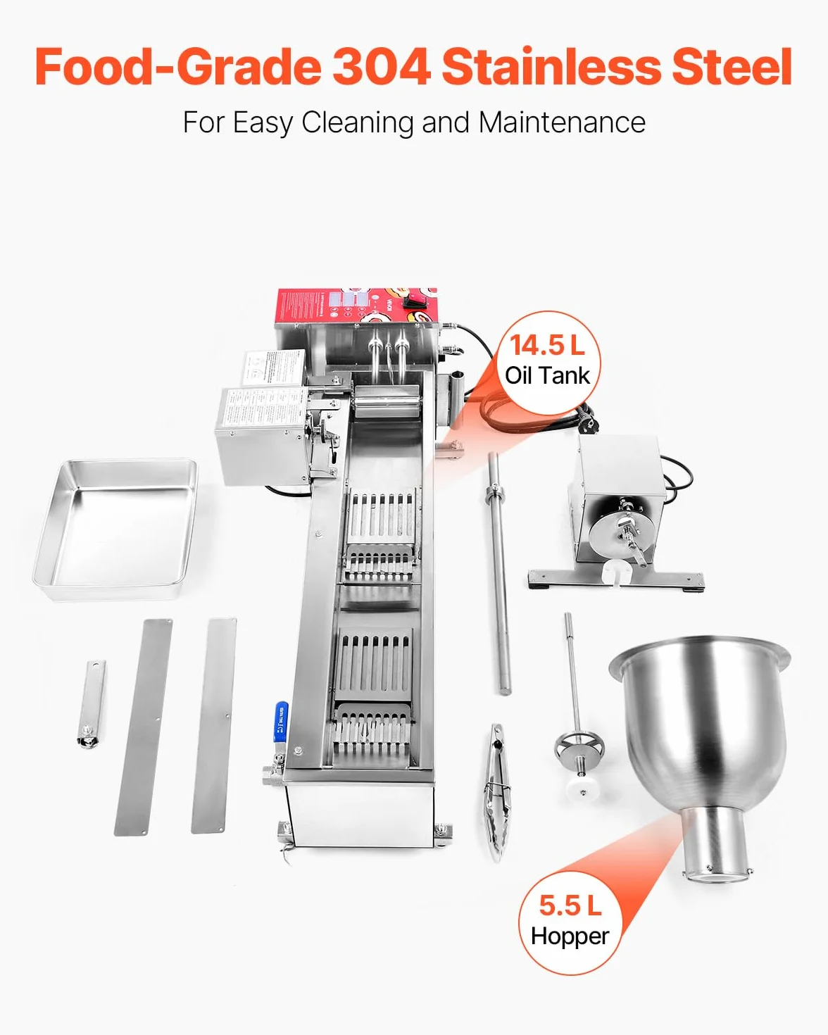 VEVOR Máquina Automática para Hacer Donas, Equipo para Hacer Donas de Una Sola Fila, Alta Potencia de 90 Piezas/Hora, Acero Inoxidable, con Moldes de 3 Tamaños y Conteo Automático, 14,5 L, Plata