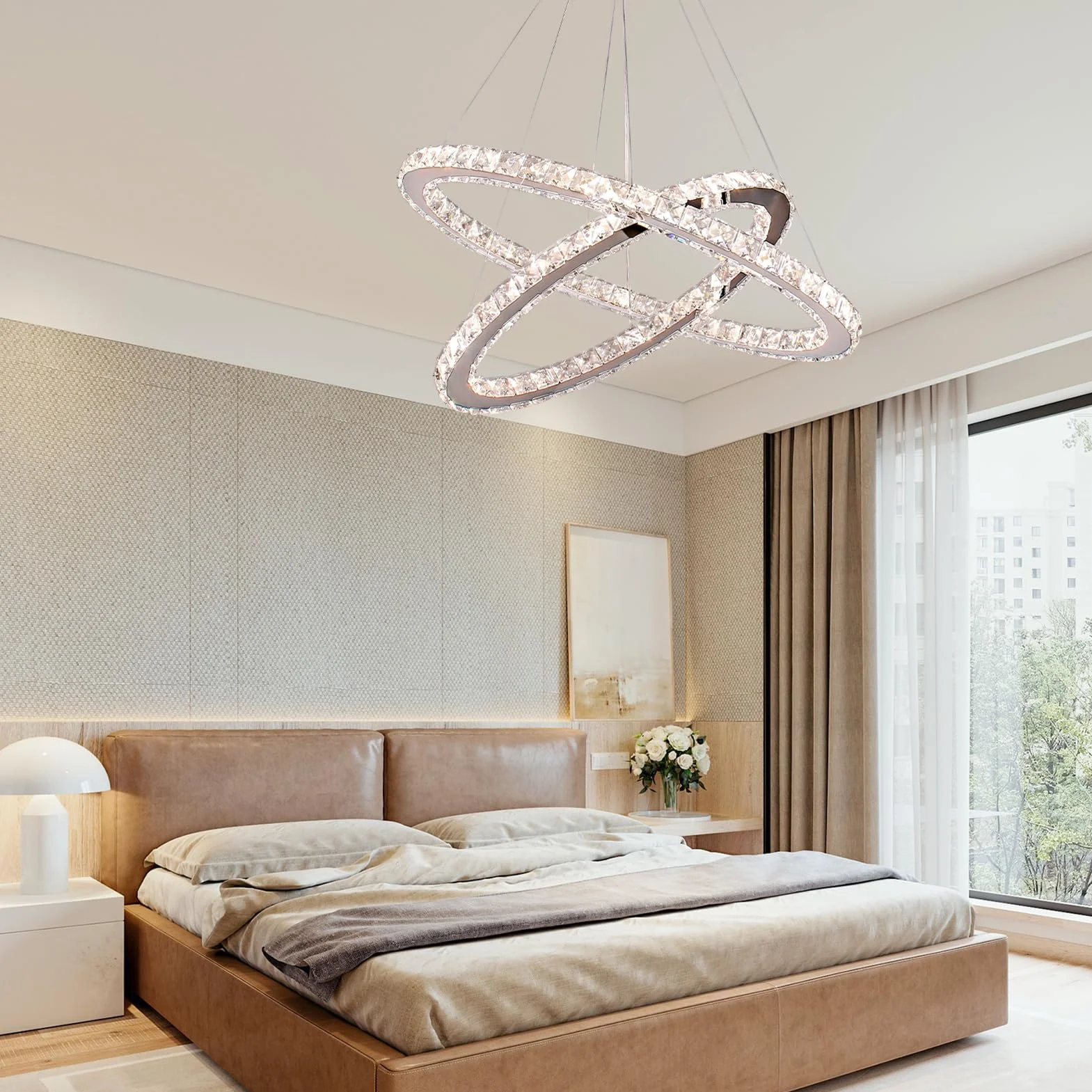 Finktonglan Candeliers de cristal, óvalo 2 anillos Chandelier moderna con control remoto, lámpara lineal LED LIGHTLIER PIELTA LUZ para comedor de cocina dormitorio de sala de estar dormitorio