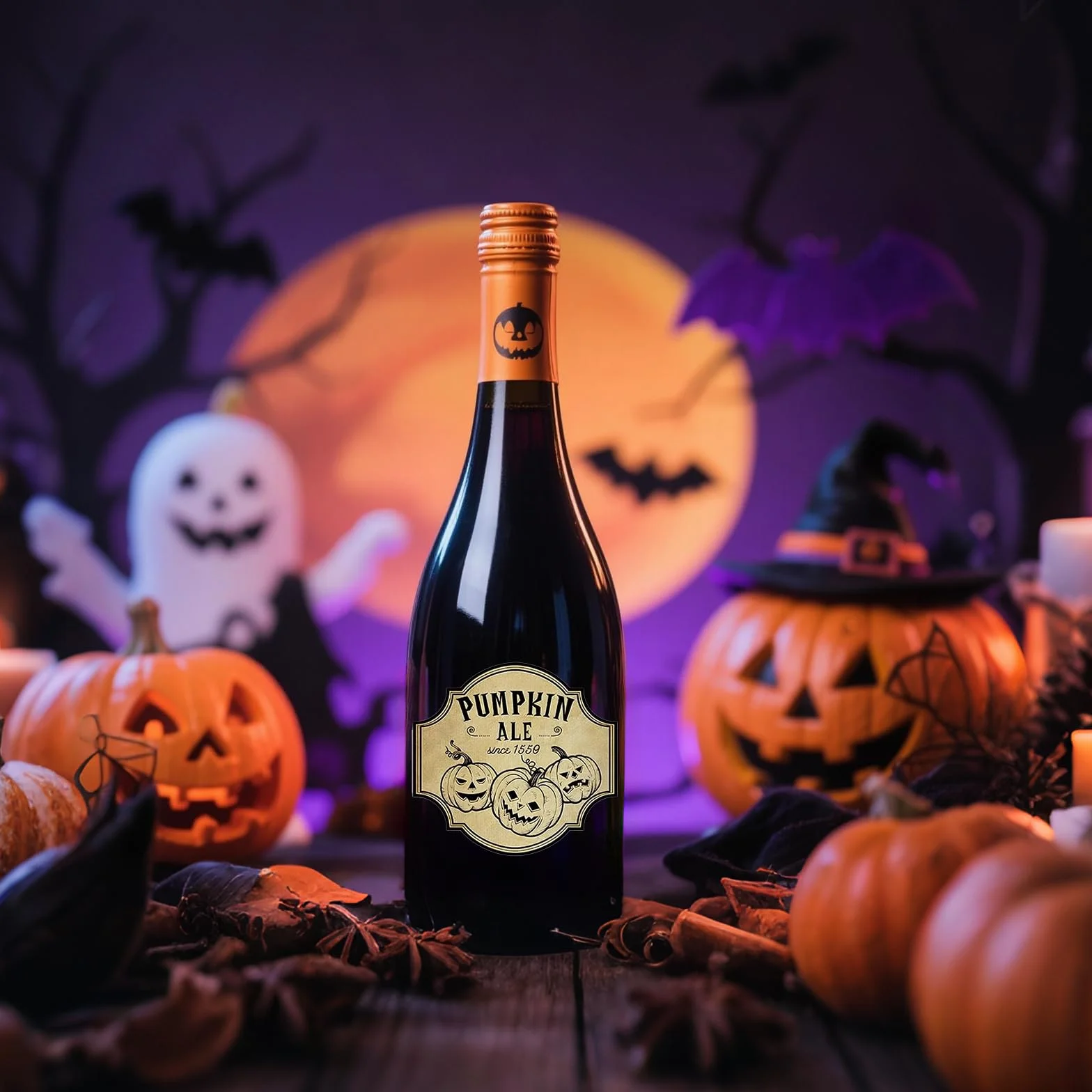 Etiquetas Halloween para botellas vino, 36 etiquetas, 12 estilos, marrones