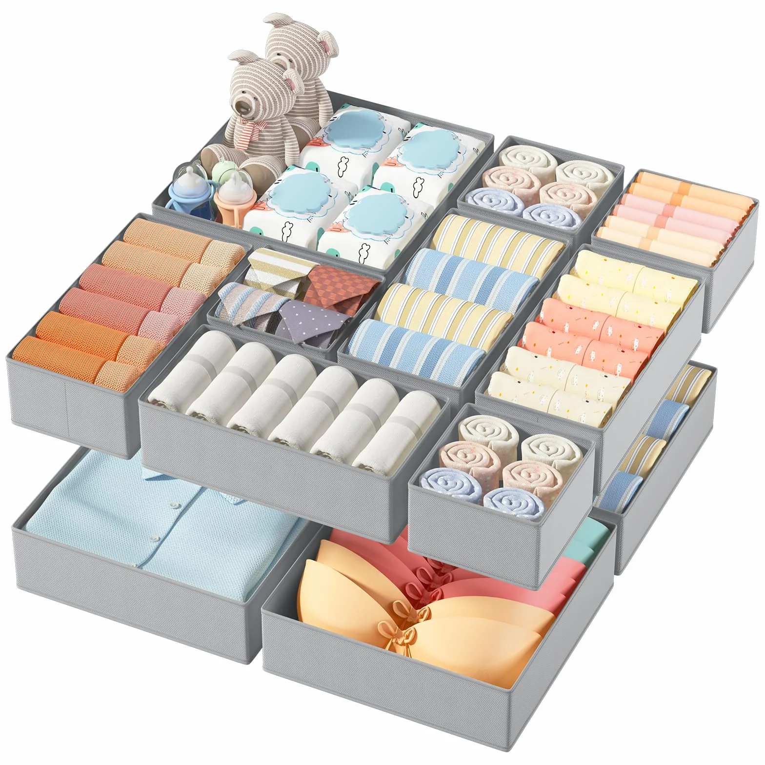 Organizador Cajones Juego de 12 Cajas Almacenaje Plegables de Tela No Tejidos Gris