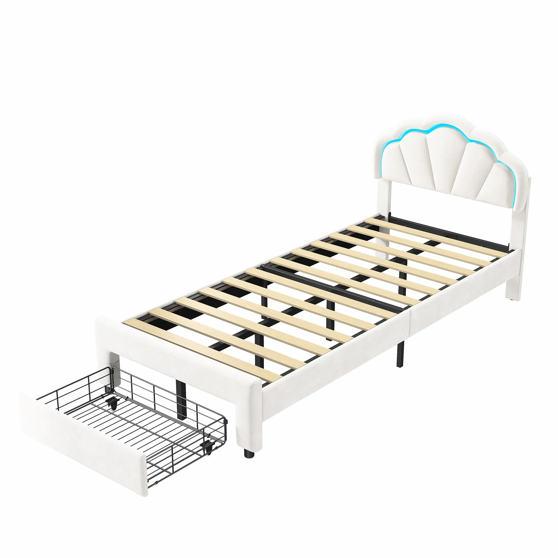 DADEA Cama de Niña Princesa LED con Cajones, Camas Individuales 90x200 Infantiles, Cama Infantil Niña90x200 con Cabecero Cama Niña Adolescente con SomierCamas Infantiles Moderna, Sin colchón