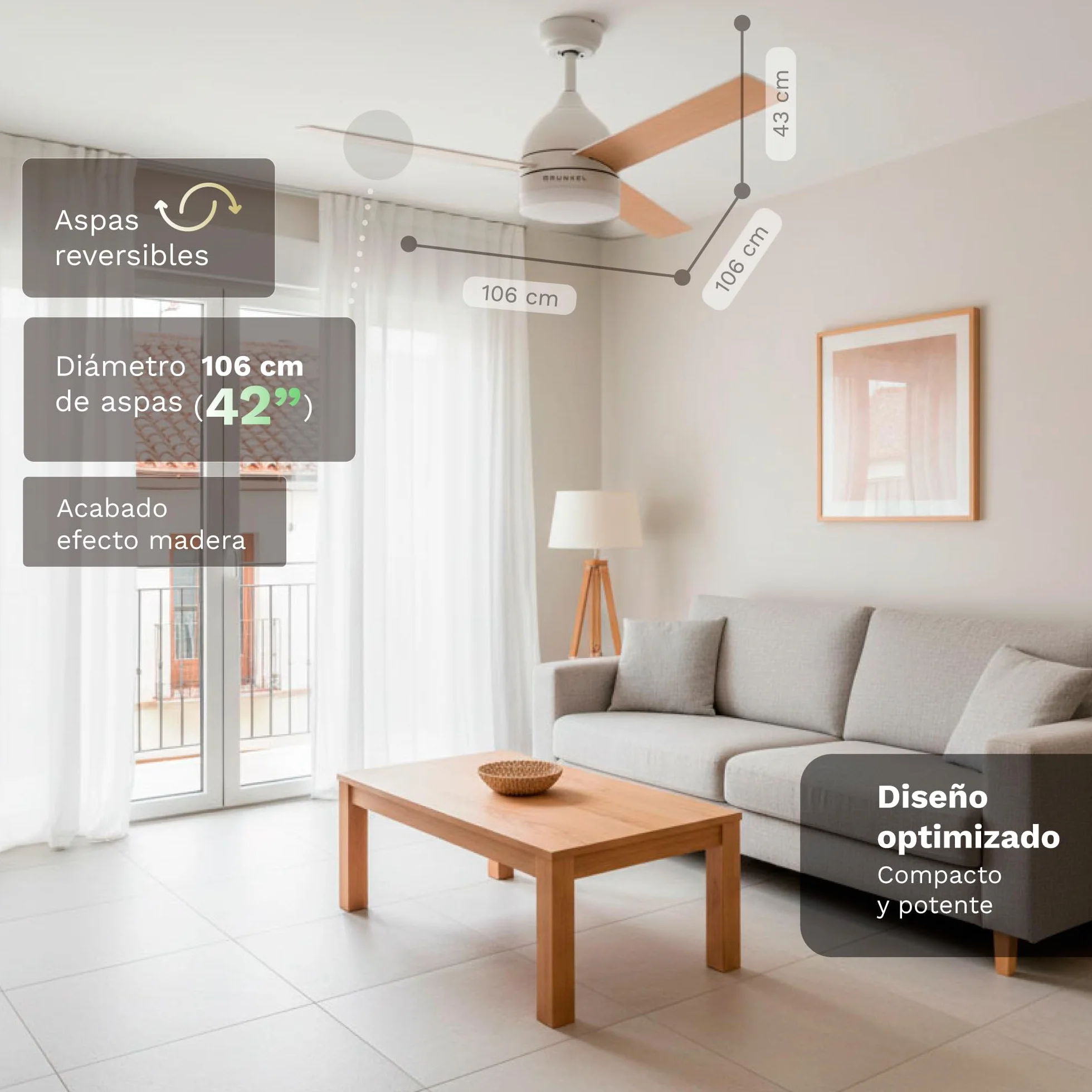 Grunkel - Ventilador de Techo con luz LED y aspas instalación reversibles blanco y madera - Mando a distancia. 6 velocidades. Temporizador 8h - 35W