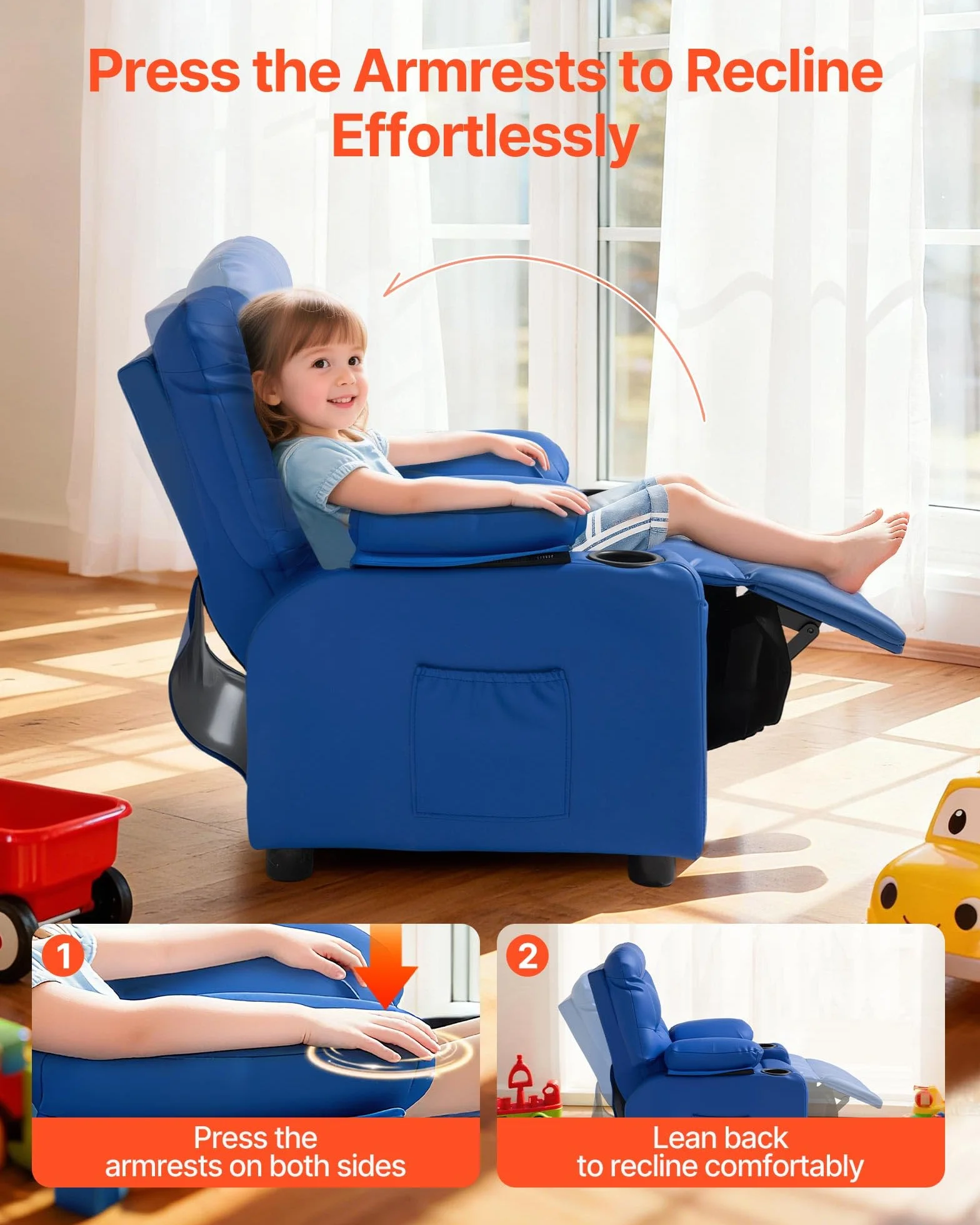 VEVOR Sillón Relax Reclinable para Niños, Sofá Infantil, Respaldo Ajustable 107°-126°, 2 Portavasos, 4 Bolsillos, Reposapiés, Cuero Sintético, Azul