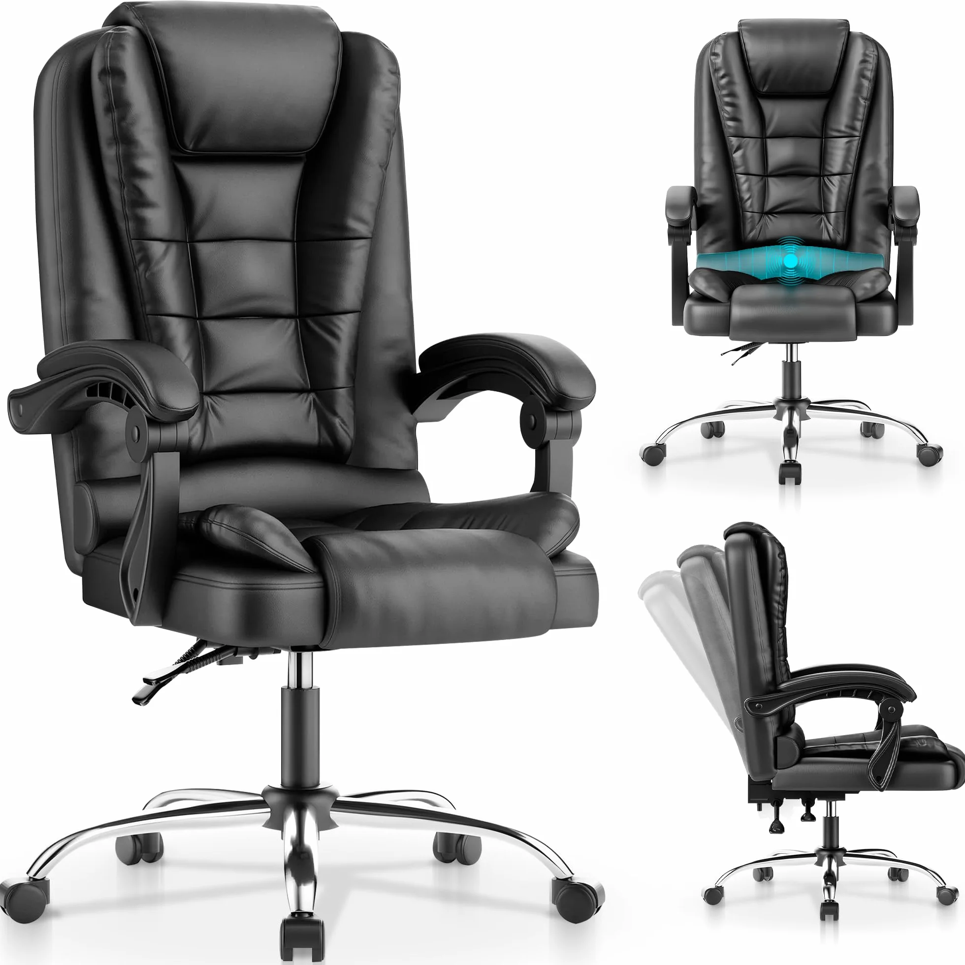 JUPPLIES Silla de Oficina Reclinable con Cojín Lumbar Masajeador, Respaldo Alto de PU Acolchado, Altura Ajustable, Ruedas Silenciosas (Negro)