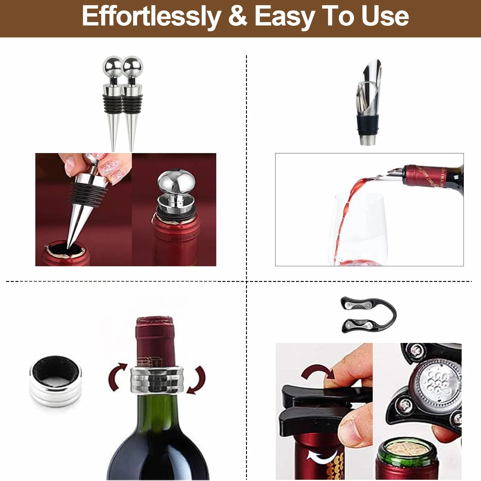 Set Sacacorchos Manual 8 Piezas, Juego Abridor Botellas, Caja Madera Regalo Decantador