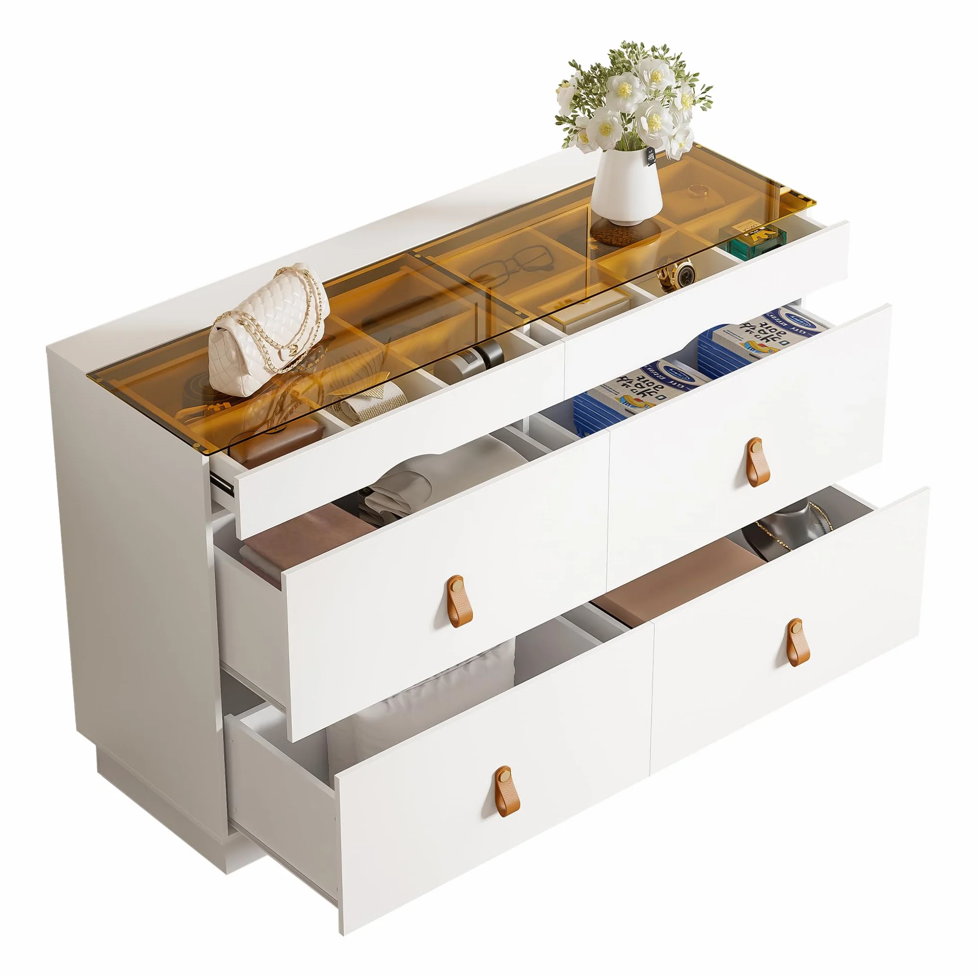 Aparador de cristal de seguridad con 6 cajones, antiinclinación, armario alto para dormitorio y todos los espacios de estar, 120 x 40 x 78 cm, color blanco