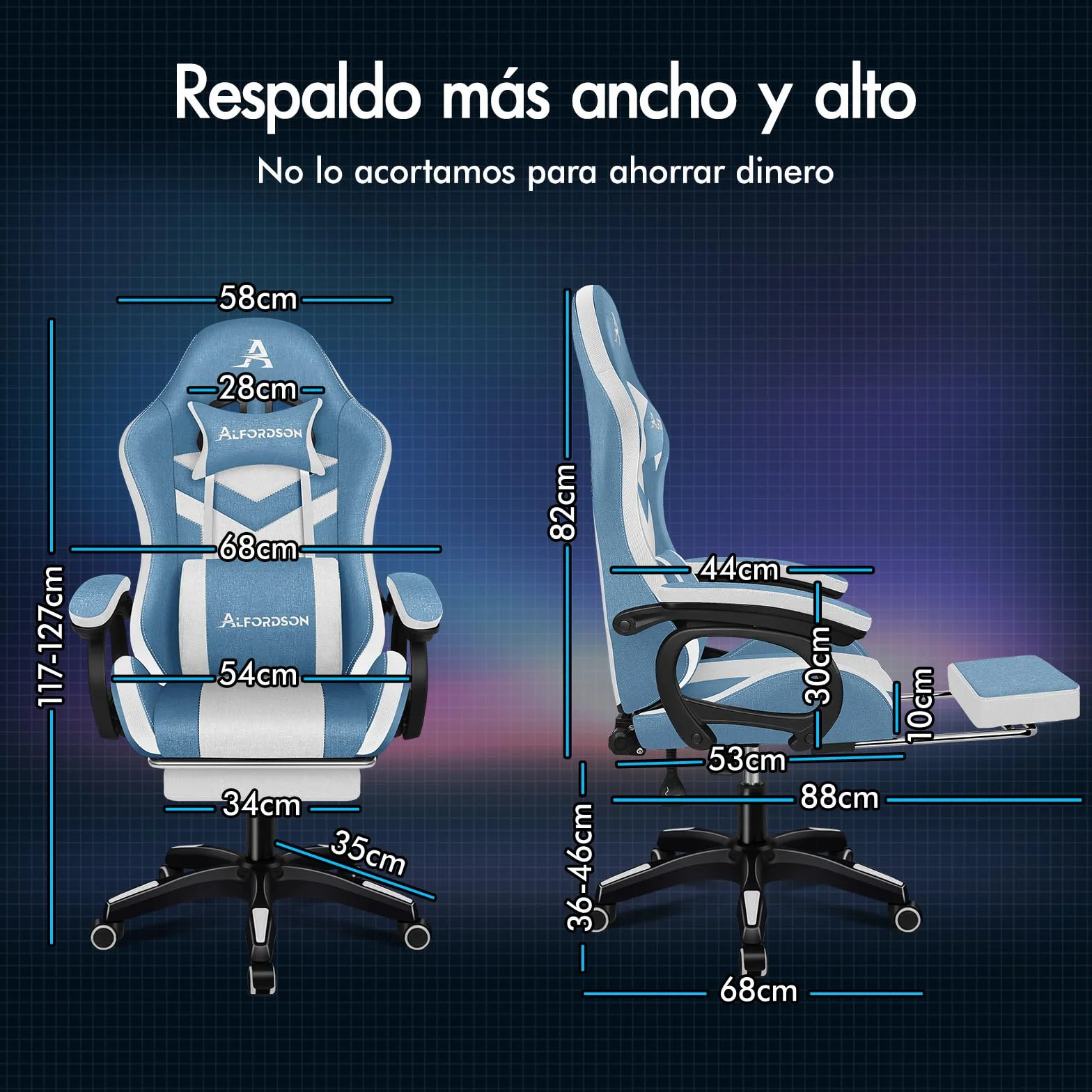 ALFORDSON Silla Gaming Ergonómica con Masaje y LED, Reposapiés Telescópico, Cojín Lumbar y Cervical, Azul y Blanca