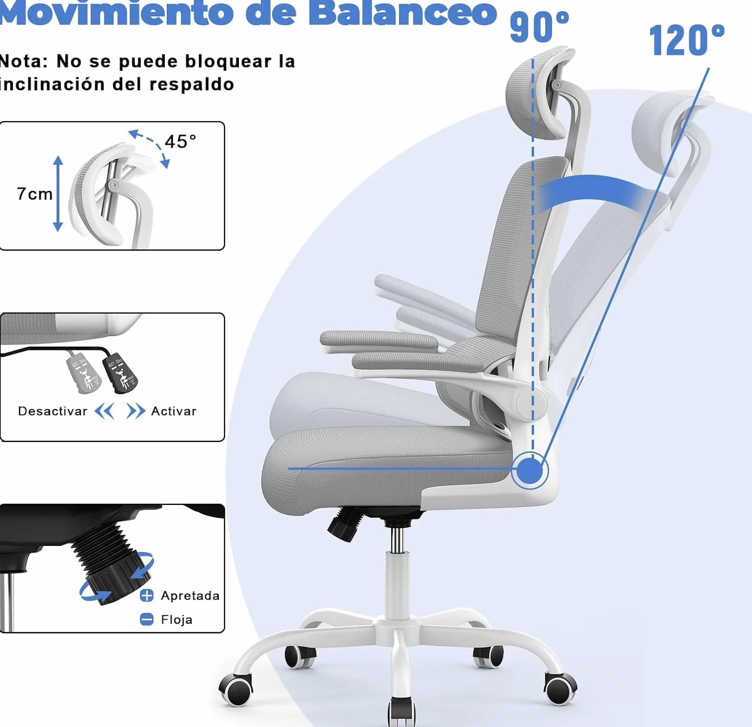 Silla Oficina Ergonómica con Soporte Lumbar Dinámico, Reposabrazos Abatibles, Ajuste de Altura, Balanceo 120°, Gris