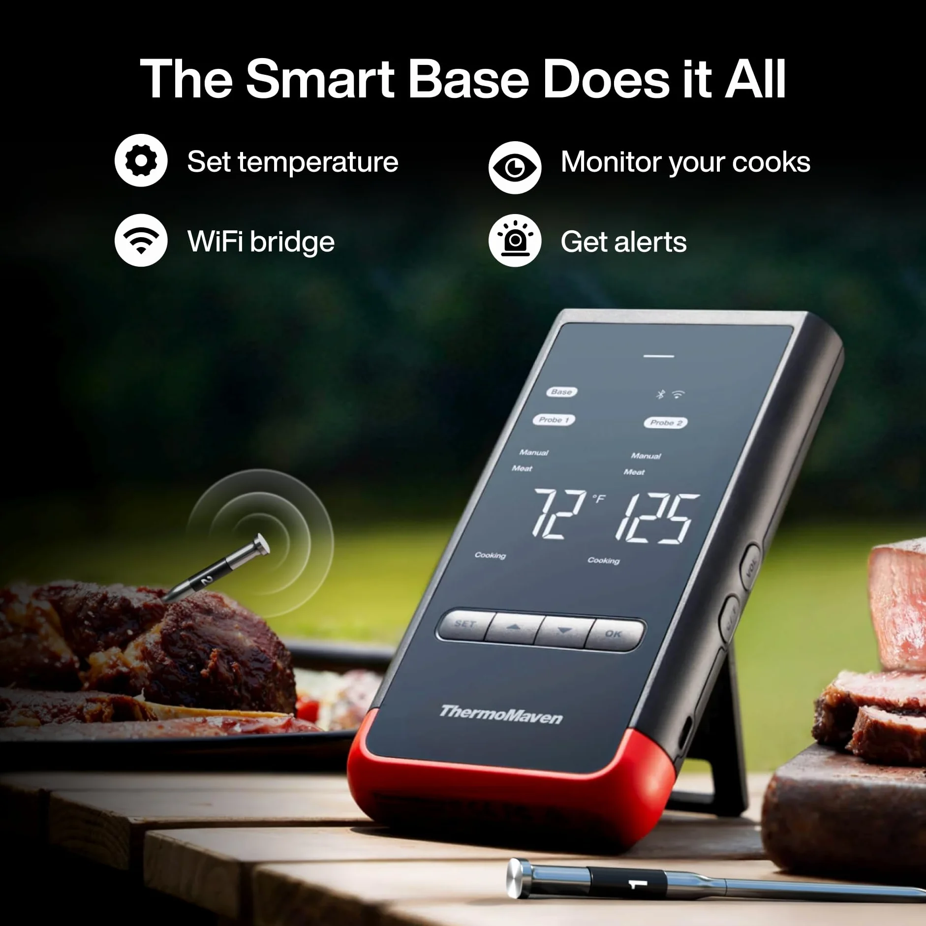 ThermoMaven P2 Termómetro de Carne Inalámbrico con WiFi y Bluetooth 5.3, 2 Sondas con 6 Sensores, Precisión ±0,3 °C, IPX8 Impermeable, Control por App, NIST y NSF, para BBQ, Horno y Ahumador, Parrilla