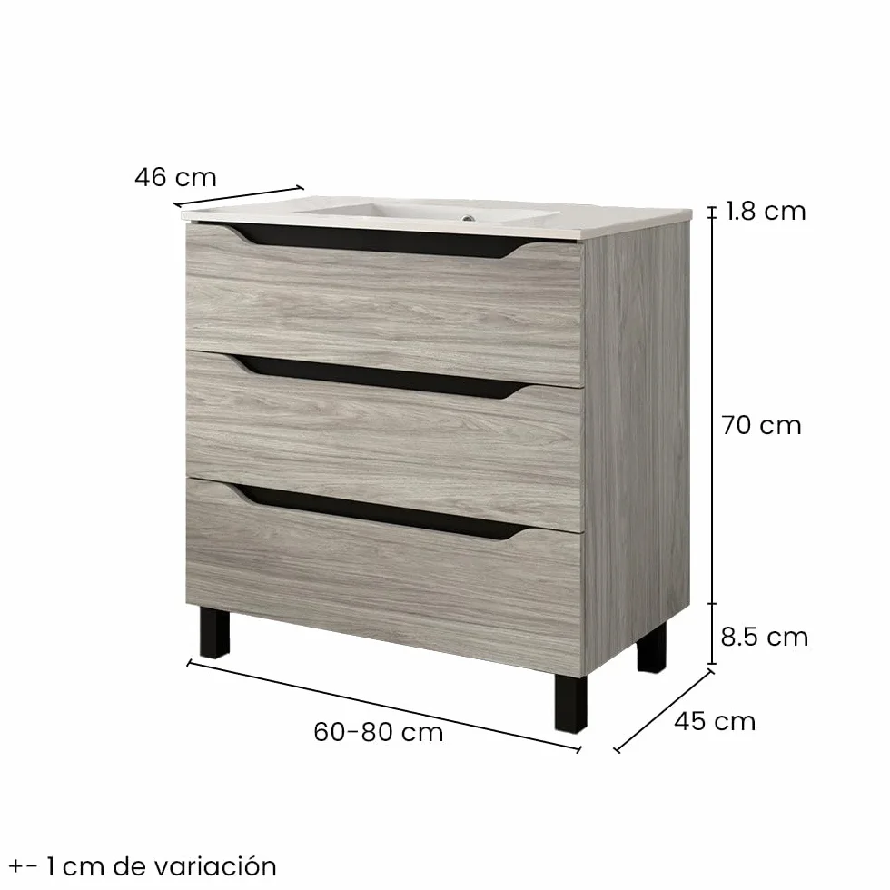 Trio Mueble de Baño con Lavabo 3 Cajones Color Roble Cambrian - Medida: 80 cm 80 cm
