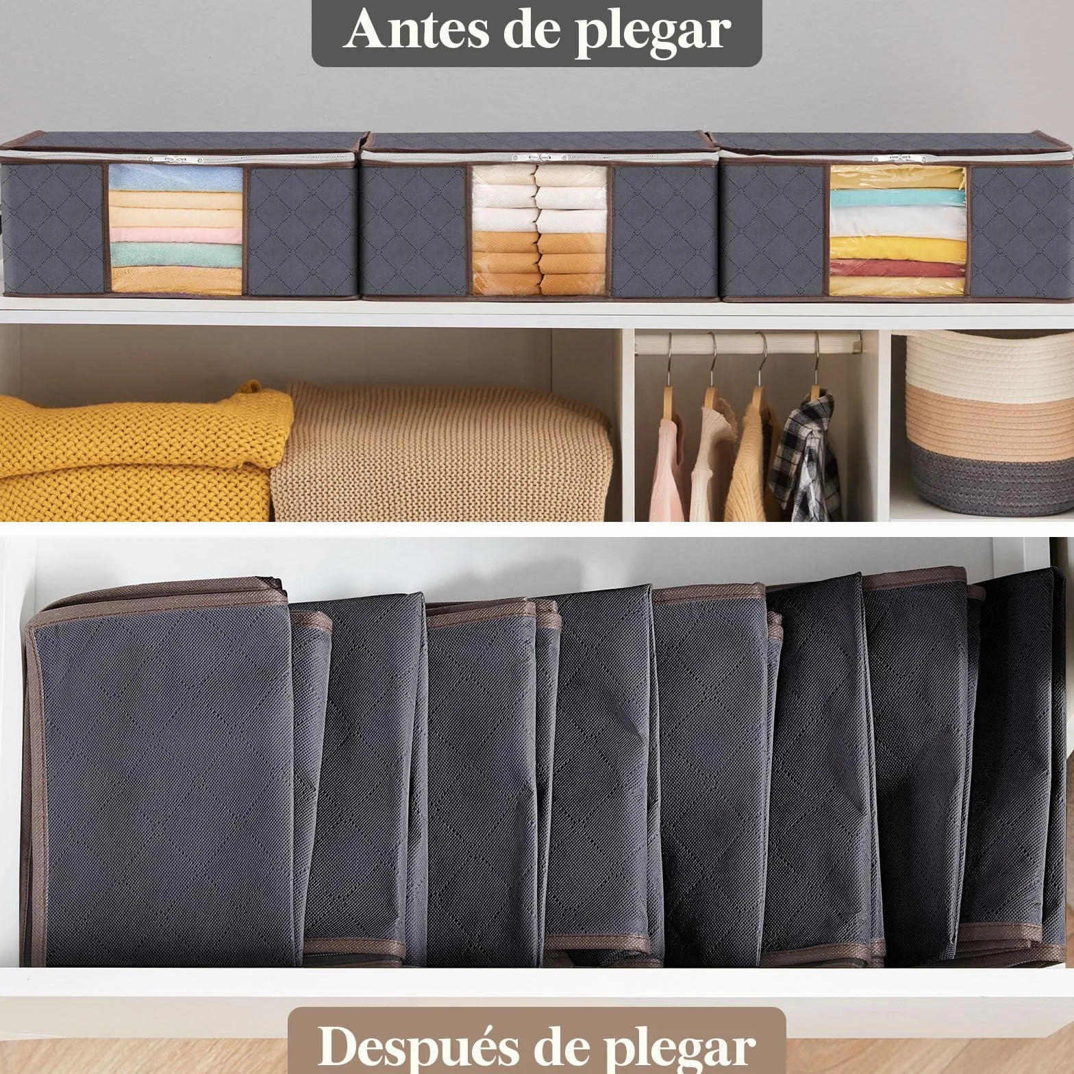 Lifewit Cajas Almacenaje Ropa Plegable Organizador Armario Tejido Resistente Ventana Transparente Gris 35 L 3 Piezas