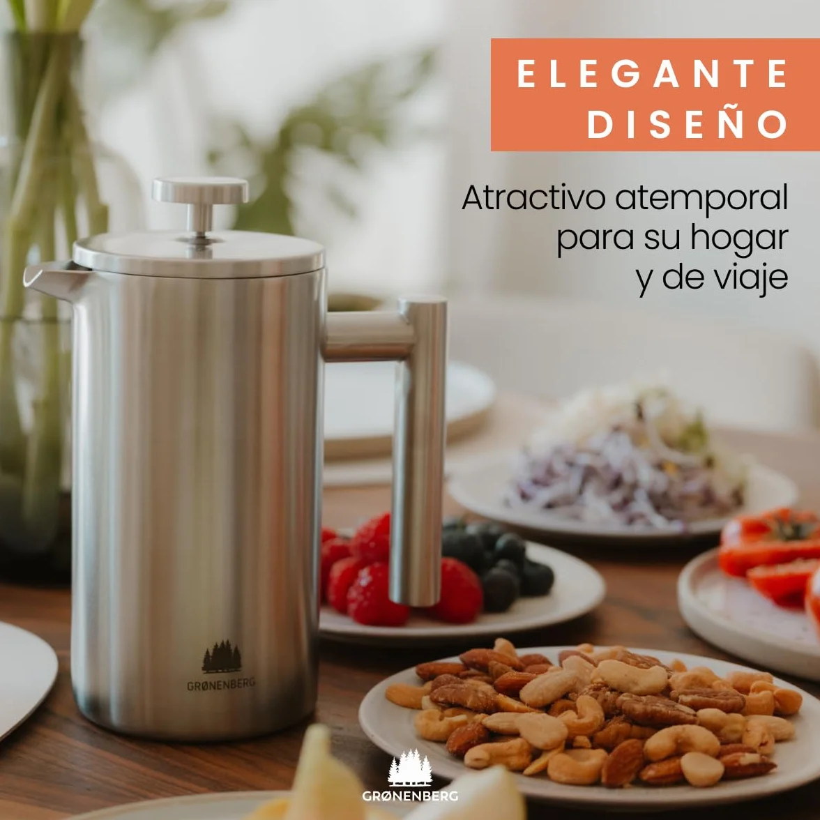 Groenenberg Cafetera francesa I Prensa francesa con filtros de repuesto I French Press 0,6 litro I Cafetera embolo en acier inox con función térmica