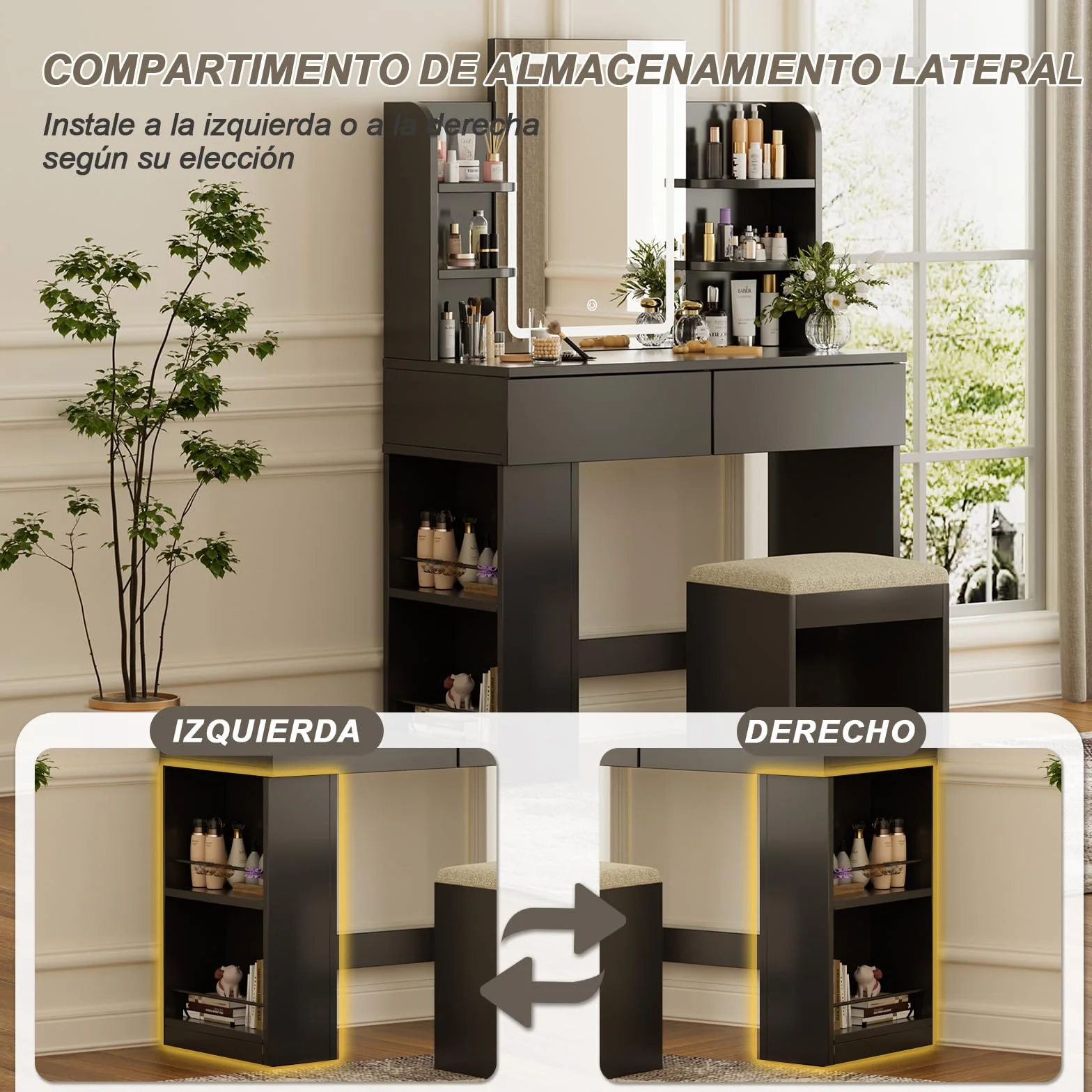 TRIUMPHKEY Tocador de Maquillaje con Espejo LED Regulable, Mesa de Maquillaje con 2 Cajones y Taburete, 90x40x135 cm, Negro