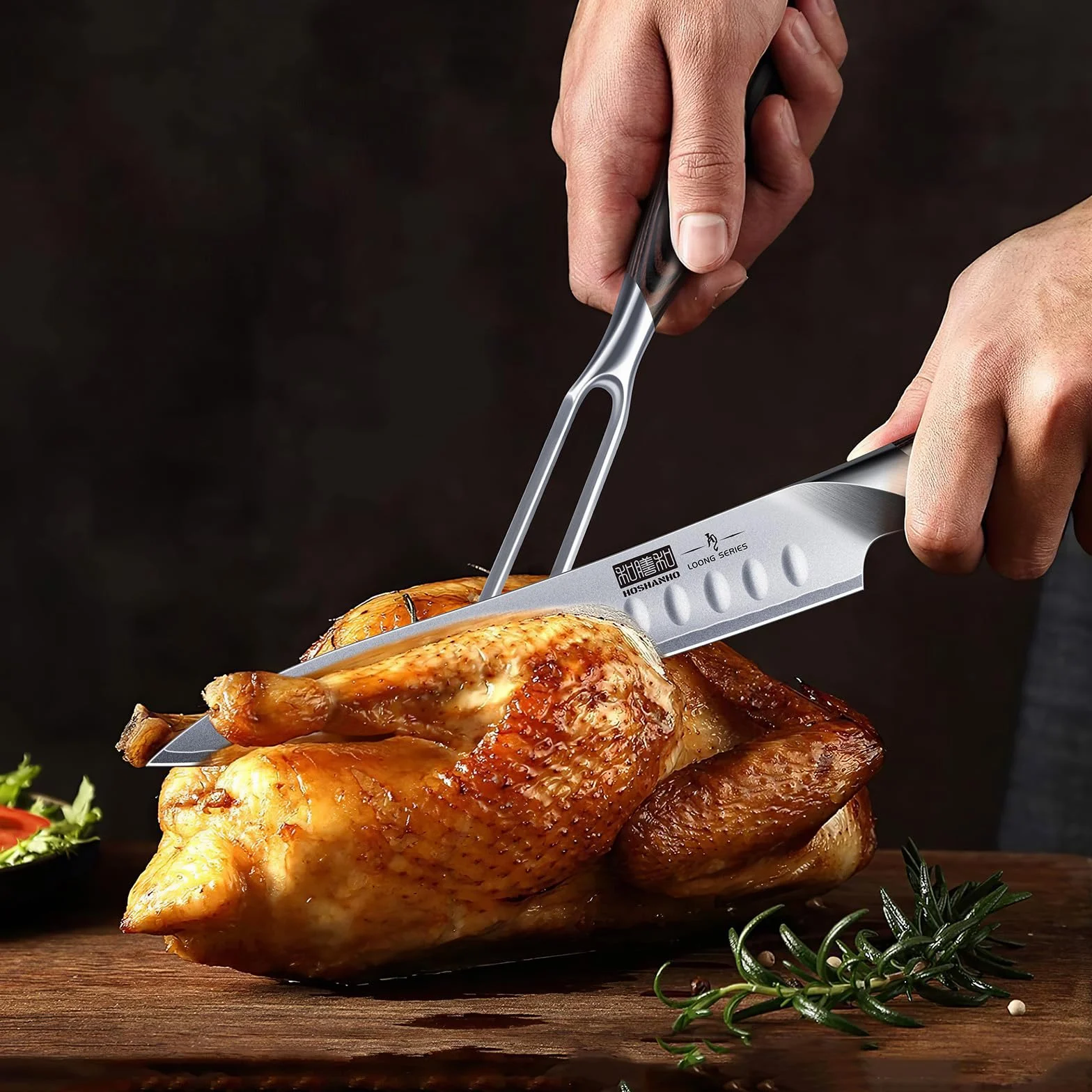 HOSHANHO Juego de Trinchar 20 cm y Tenedor 18 cm, Cuchillo de Barbacoa Profesional Acero al Carbono