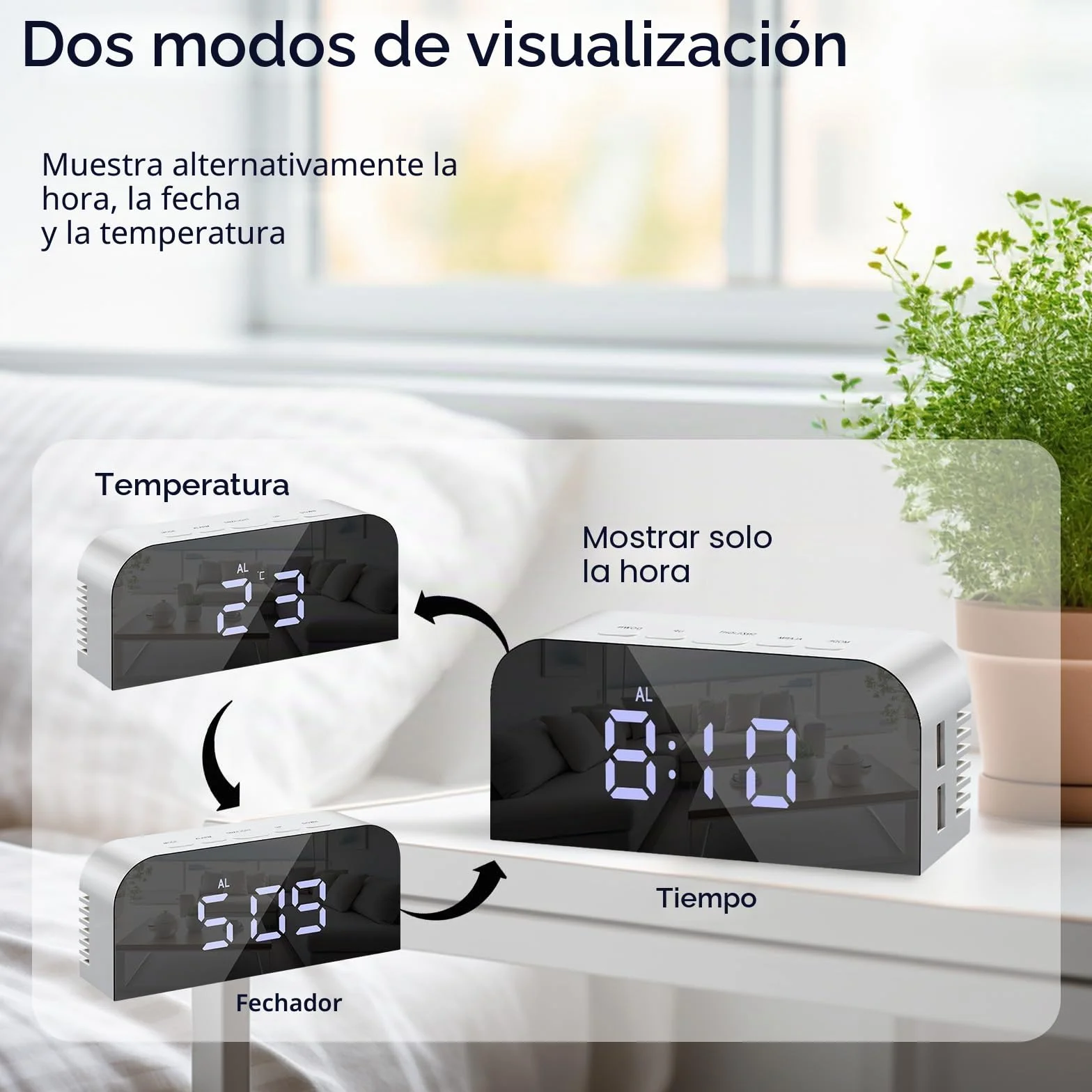 Vinabo Despertador Digital para mesilla de Noche con 2 Puertos USB de Carga, Reloj de Mesa con 2 Niveles de luminosidad para Dormitorio