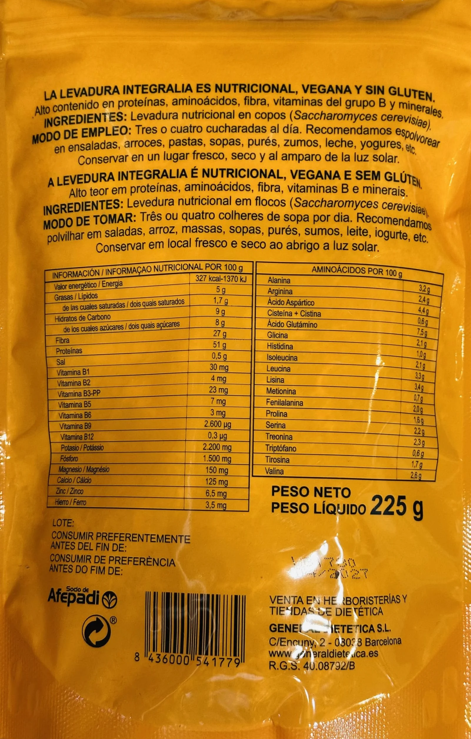 Integralia Levadura de Cerveza Desamargada Copos 225 gr