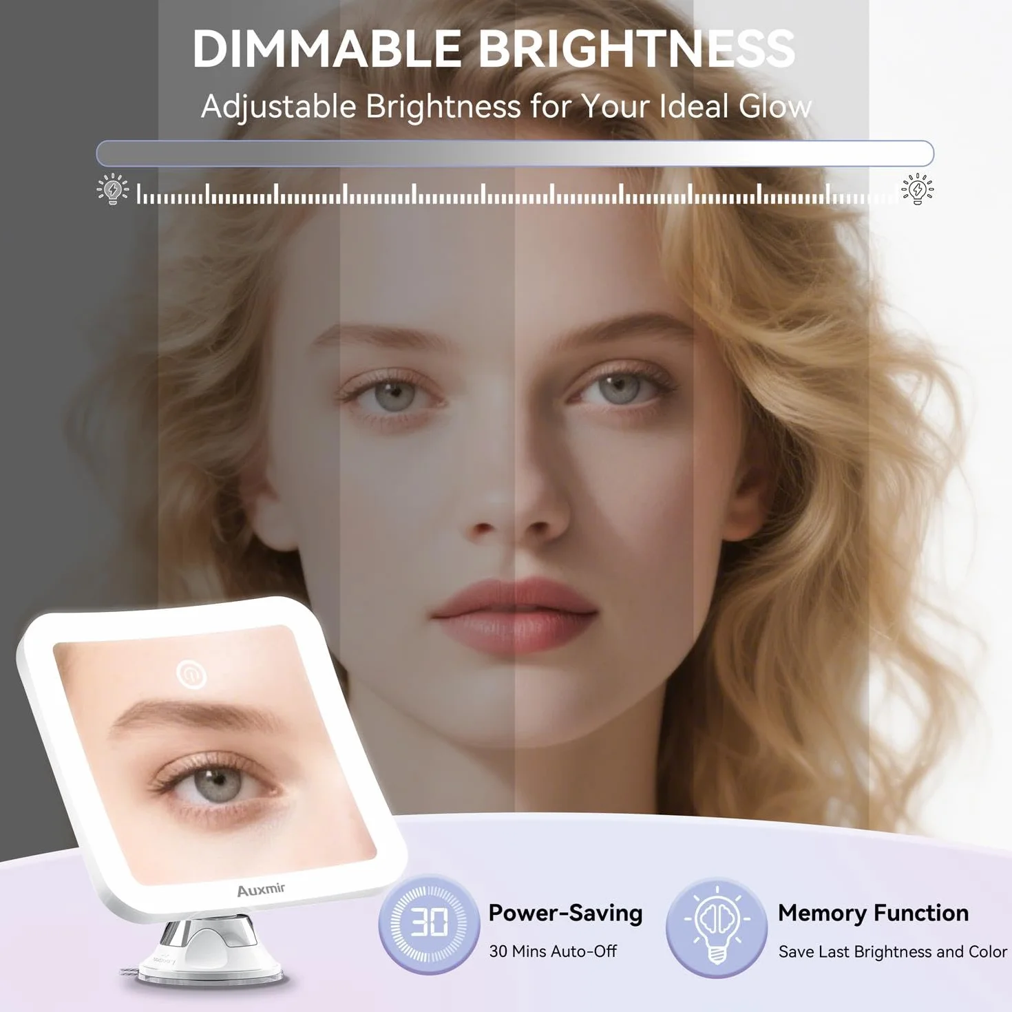 Auxmir Espejo Maquillaje con Luz 30X, 2000 mAh USB Recargable, 360° Giratorio, 3 Colores Luz, Inalámbrico