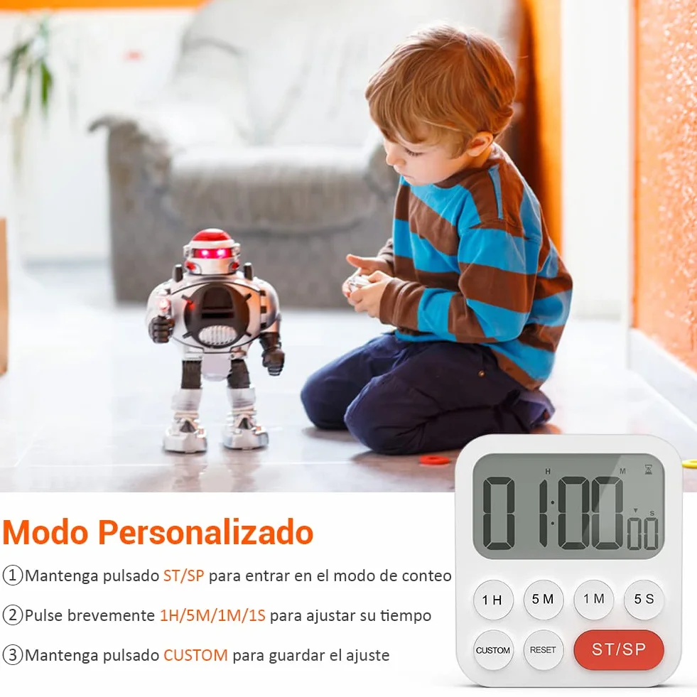 LIORQUE Temporizador de Cocina Digital Multifunción con Reloj, Ajuste Rápido, 3 Niveles de Volumen, Respaldo Magnético, Soporte Plegable