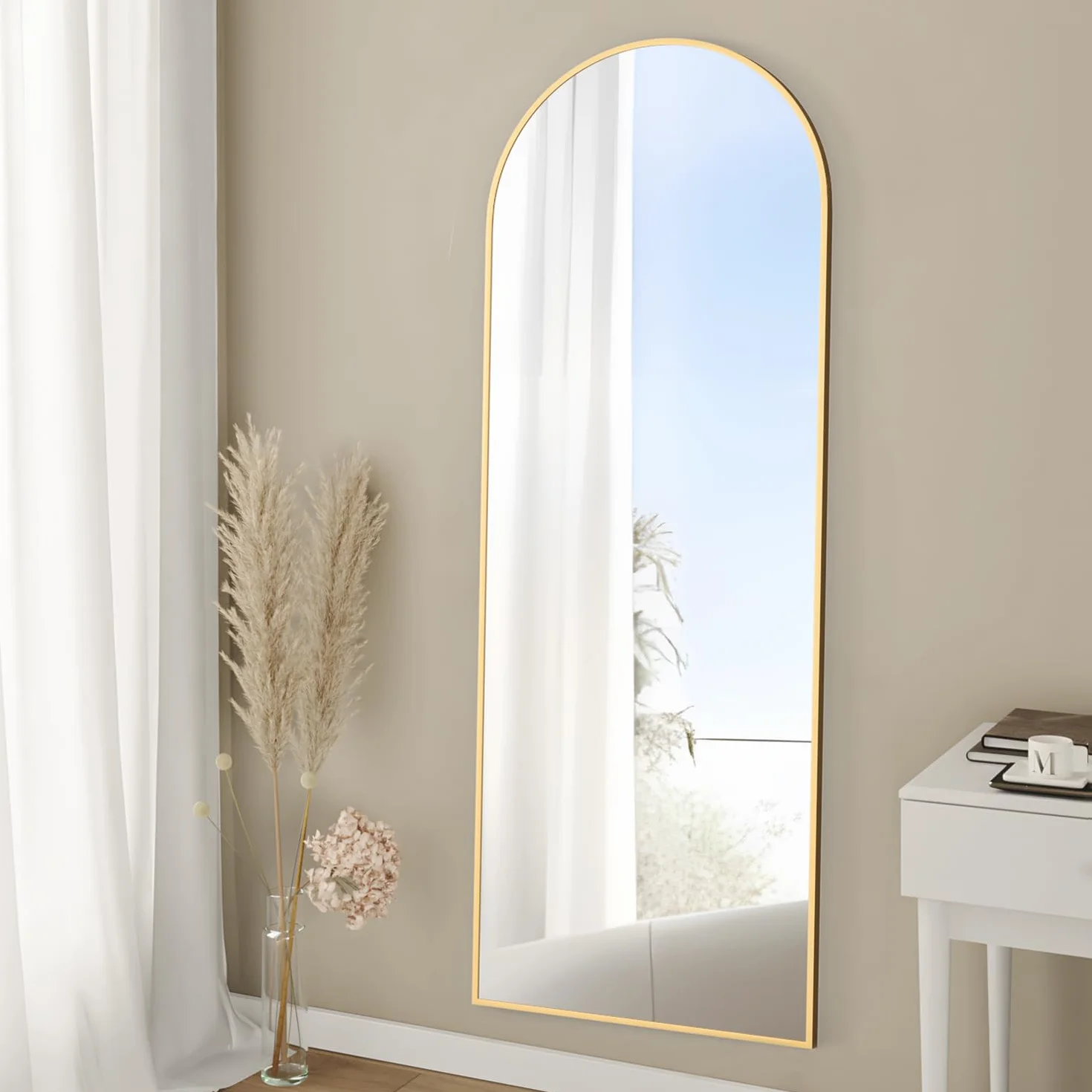 Espejo de Cuerpo Entero Arco 162 x 53 cm Dorado Arqueado, Espejo de pie con Soporte para Dormitorio Sala de Estar