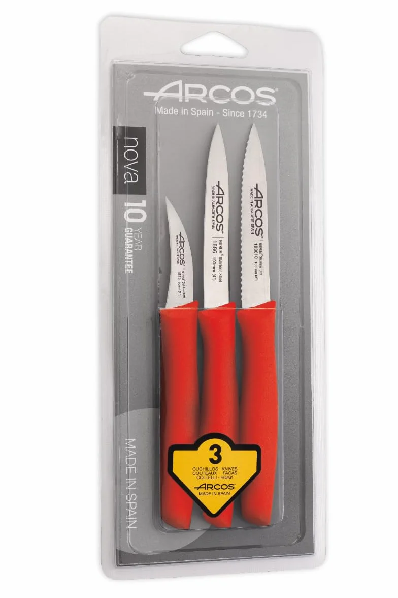 Arcos Set 3 Cuchillos Peladores Acero Inoxidable Mango Ergonómico Polipropileno Serie Nova Rojo