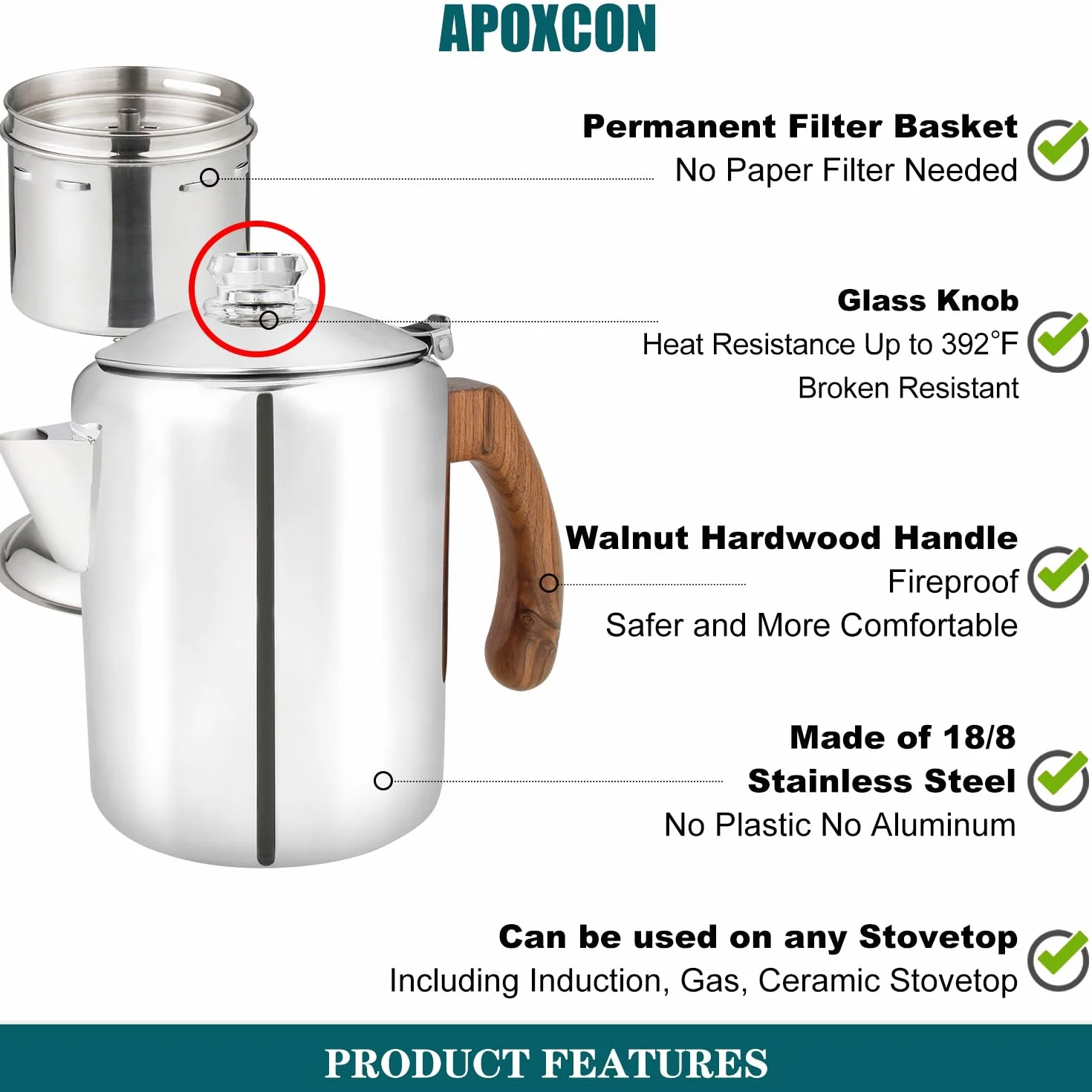 Cafetera percolador de acero inoxidable con perilla de vidrio y mango de madera - para camping y estufa