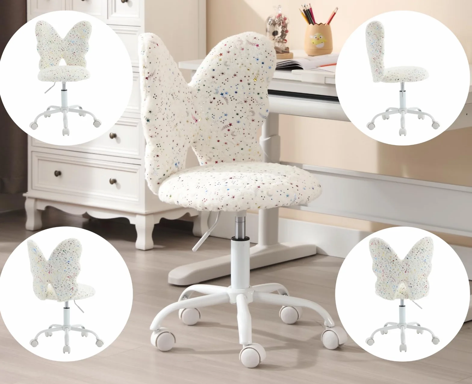 chairus Silla de Escritorio Infantil de Lana Sintética Silla Giratorio de Estudio con Forma de Mariposa, Silla Estudiante Habitación con Ruedas Silenciosas para Niños/Juvenil, Blanco