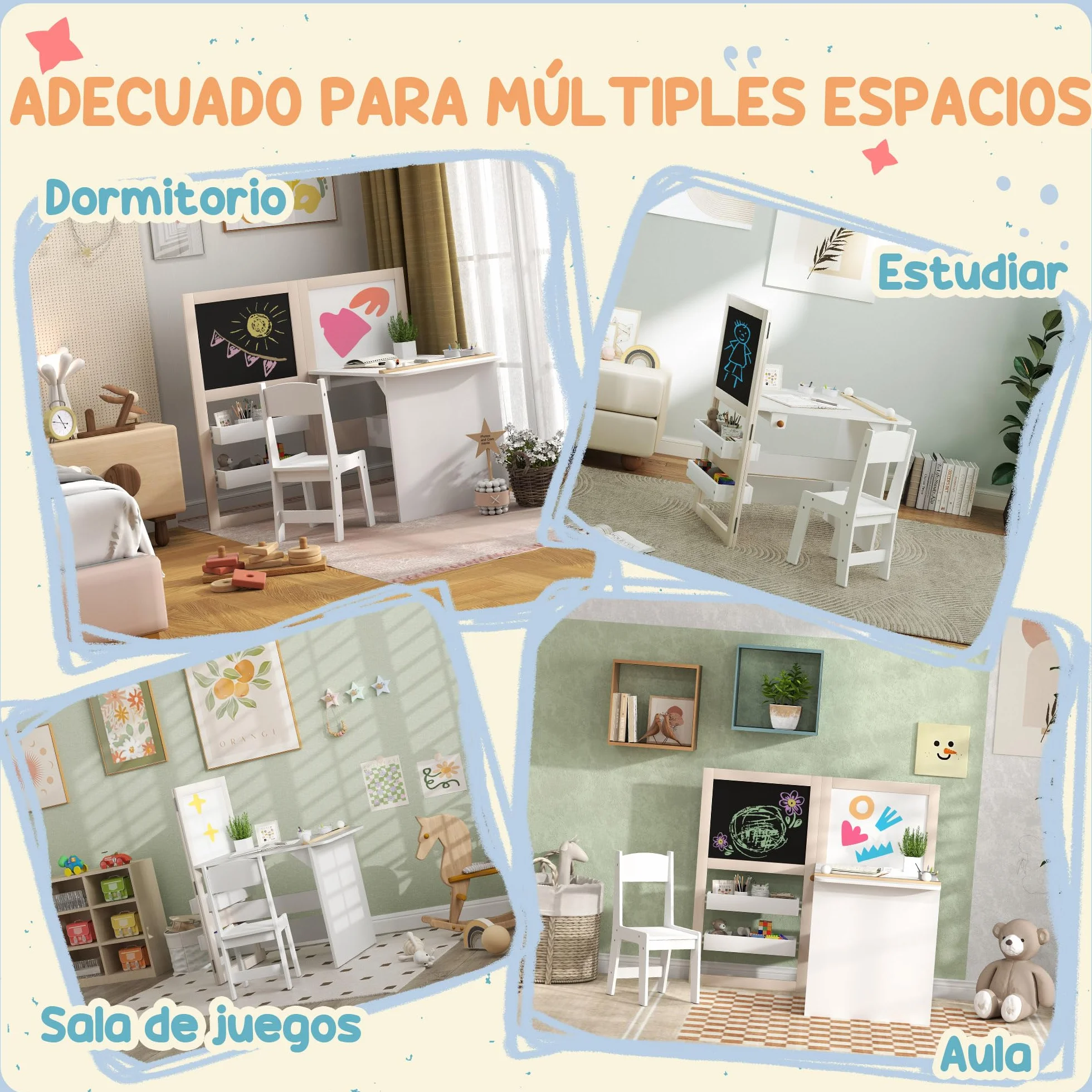 AIYAPLAY Mesa y Silla Infantil de 2 Piezas Plegable para Niños +3 Años con Estantes y Rollo de Papel Blanco