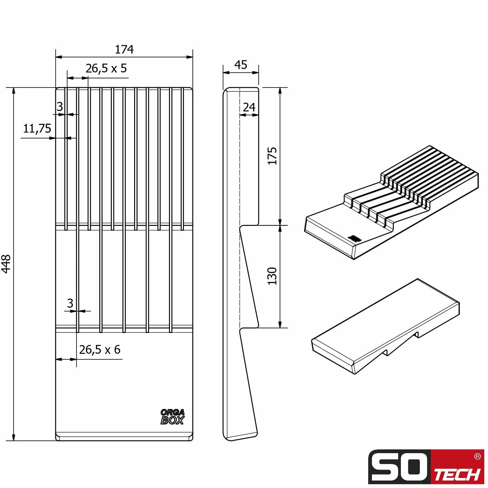 Orga-box Bandeja para cuchillos de bambú 448 x 174 x 45 mm 3 bandejas para cubiertos