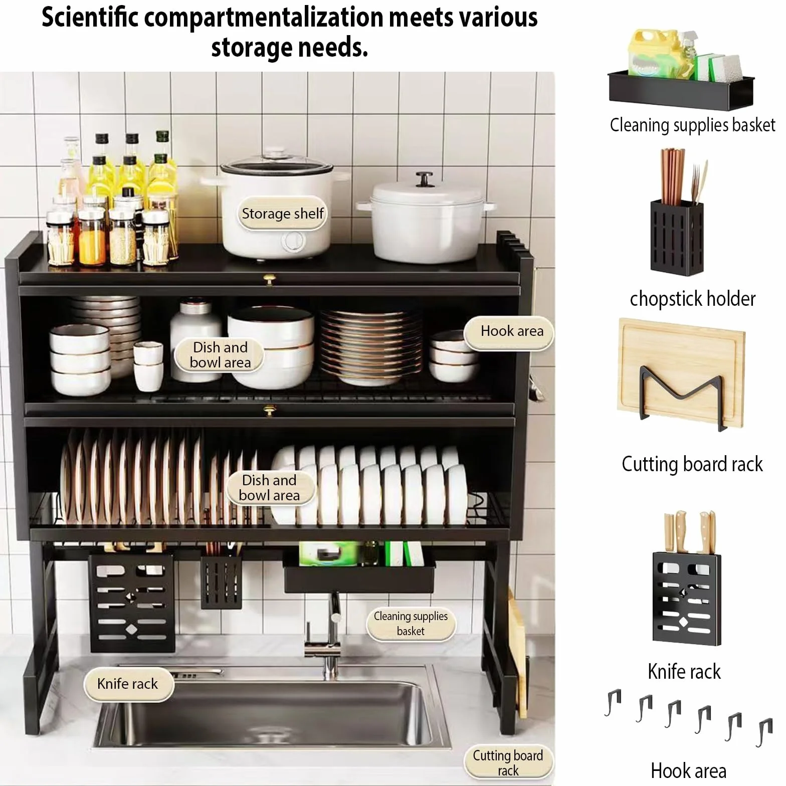 Escurridor de Cocina de Dos Niveles para encimera, escurreplatos de sobremesa, diseño de Doble Capa,Apto para Colocar Cuencos, Platos, Tazas y Cubiertos.(Black,95cm/37.4in)