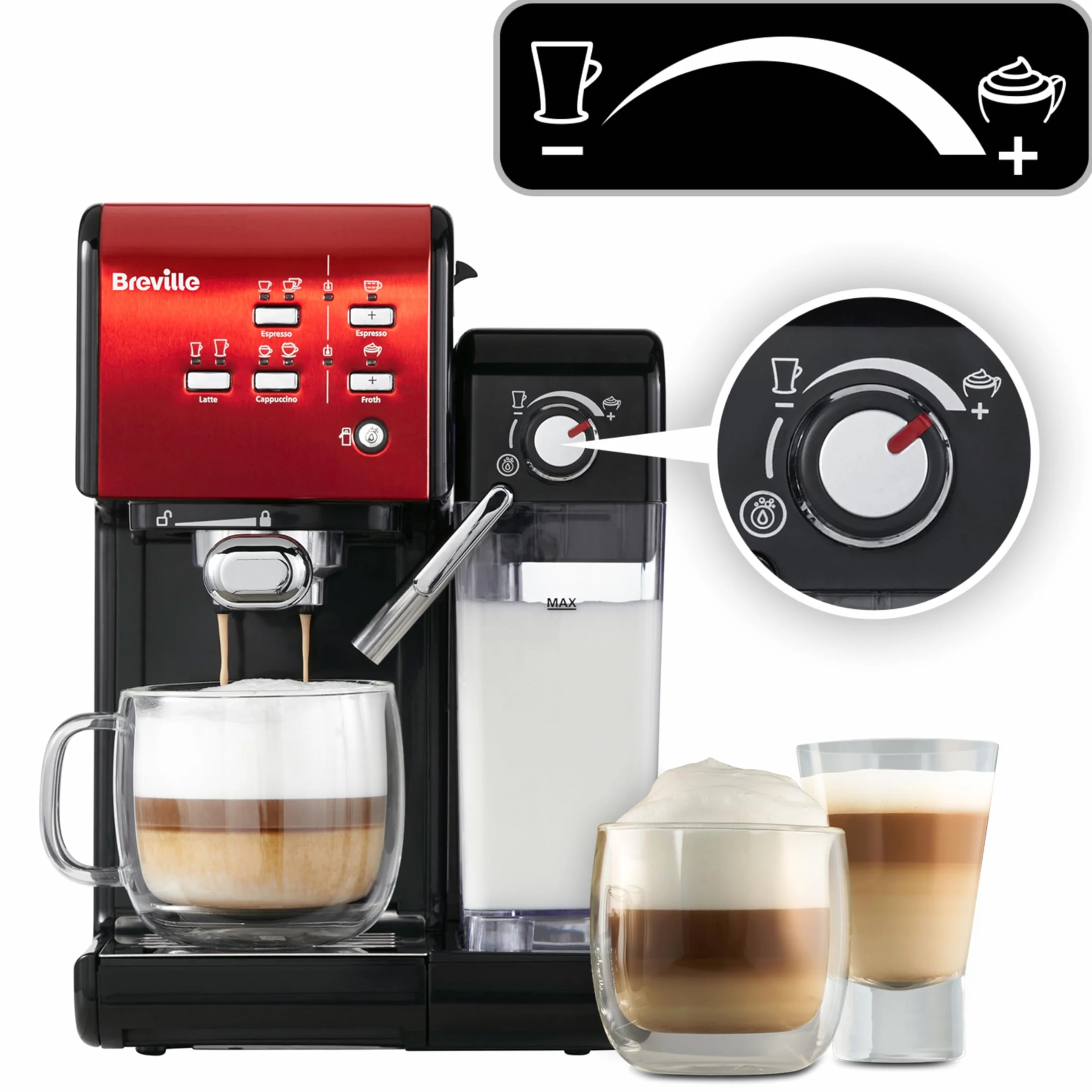 Breville Prima Latte II Espresso | Cafetera para latte y capuchino | Bomba profesional de 15 bares y espumador | Rojo [VCF109X]