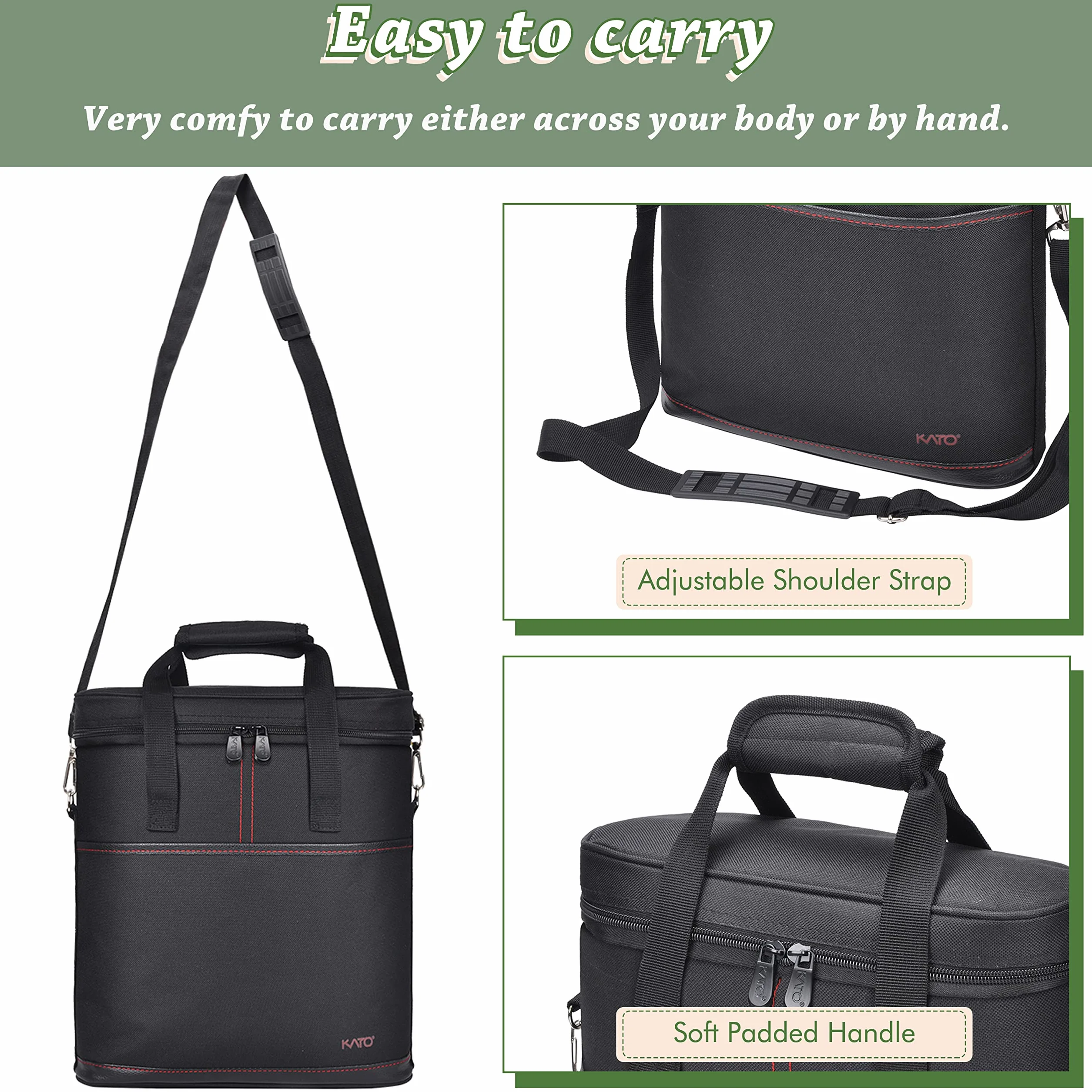 Bolsa de vino aislada Kato Tirrinia 3 botellas negro 29x10x33 cm asa correa hombro ajustable