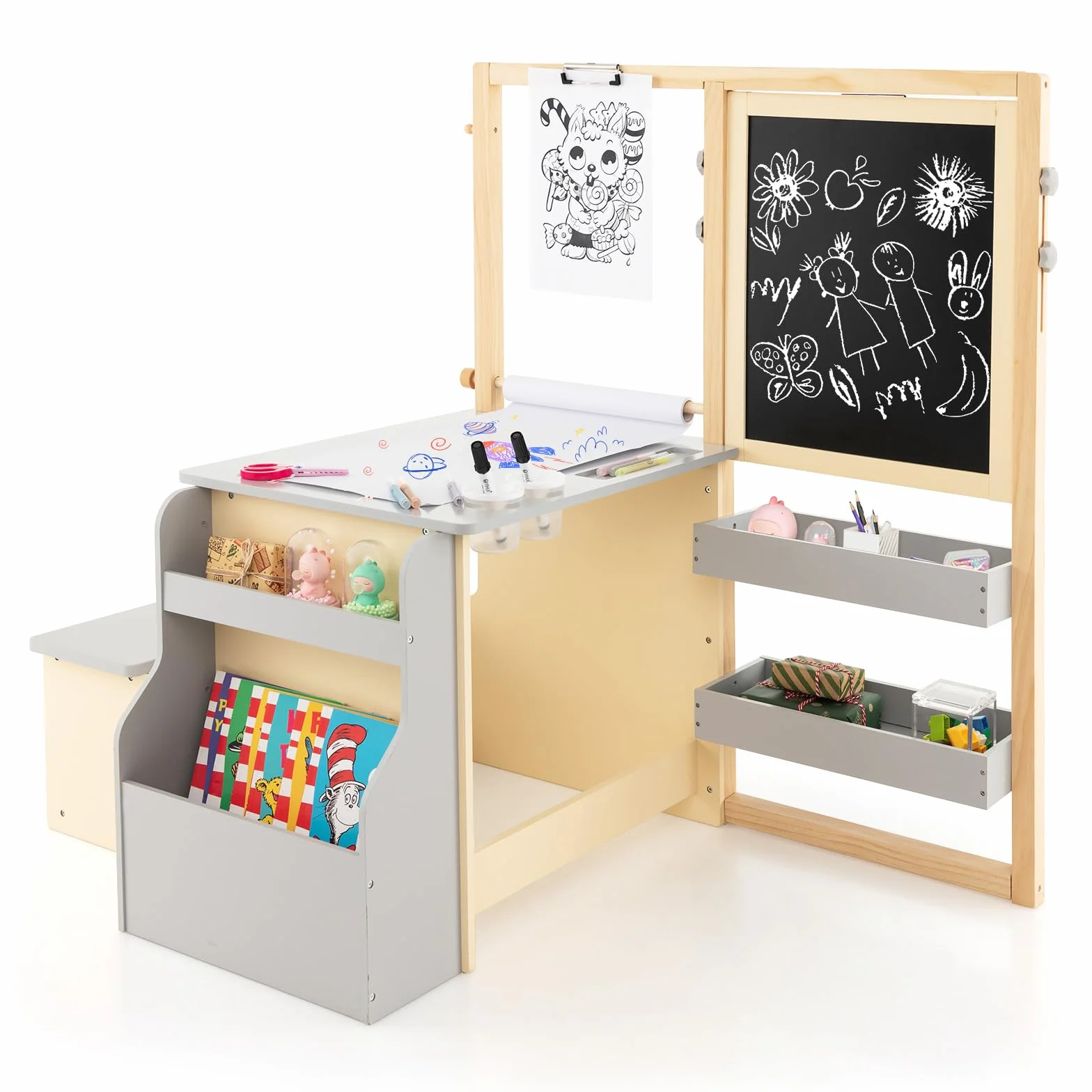 LIFEZEAL Mesa Infantil con Banco, Juego de Caballete con Pizarra de Doble Cara, Conjunto de Mesa y Silla para niños de 3+ años, Estante para Juguetes y Libros, Rollo de Papel y rotulador (Gris)