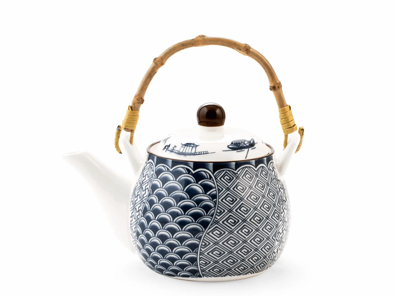 H&H Tetera de porcelana con mango de bambú extraíble, decoración variada, 500 cc