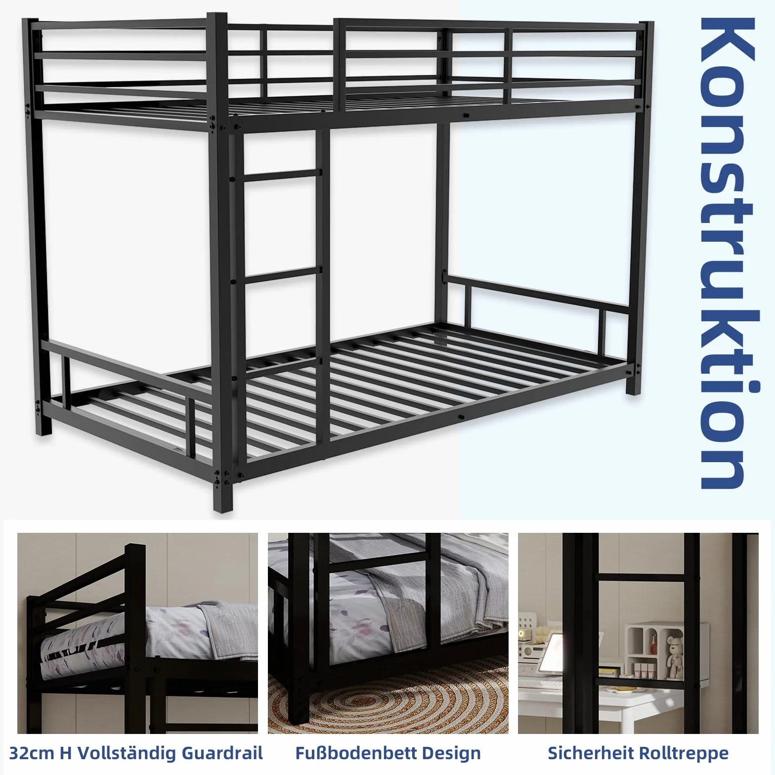 Lubvtti Litera para niños/adolescentes/adultos, cama para niños de 90 x 190 cm, de metal, con escalera y barandilla (C-negro)