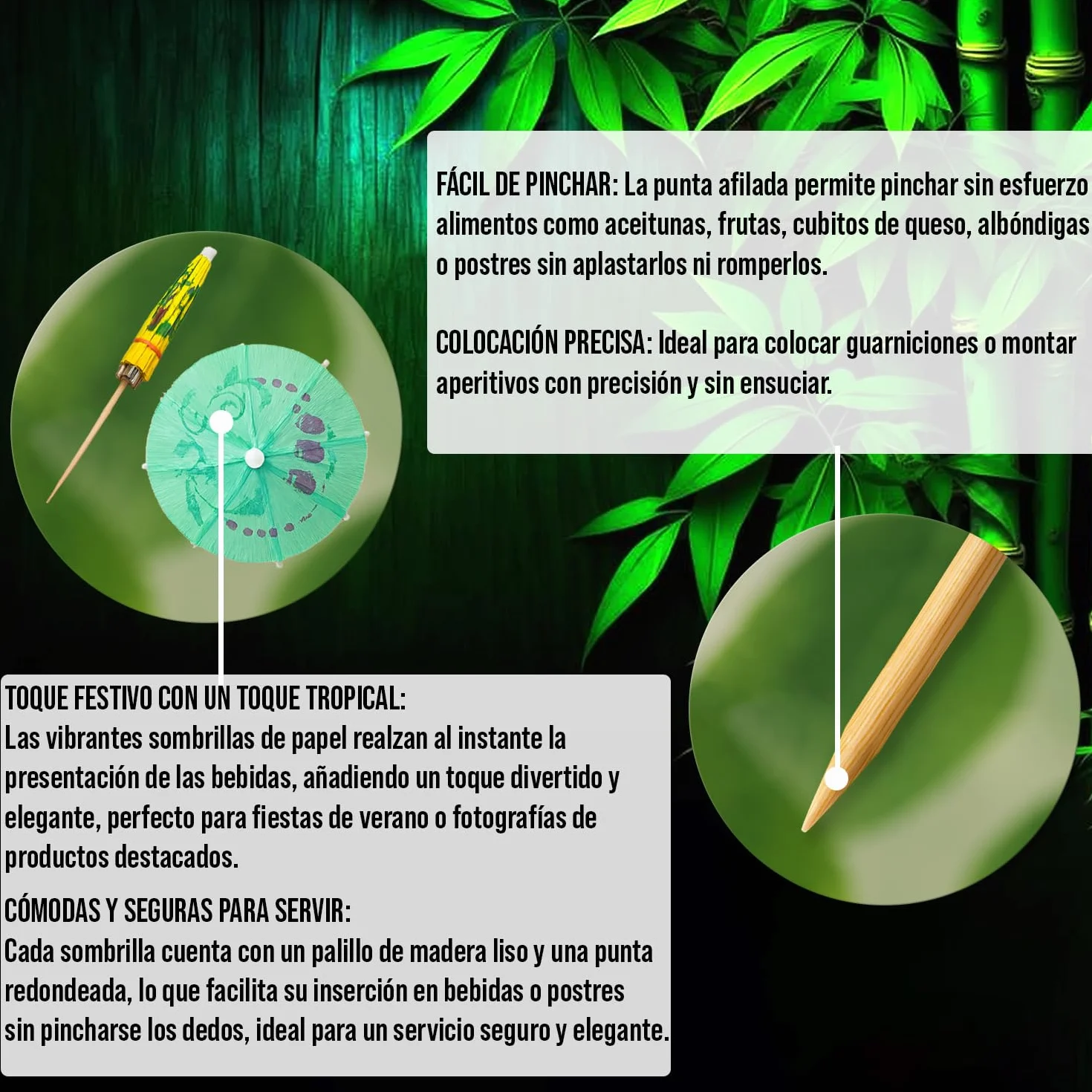 Sombrillas de Bambú para Cóctel 10 cm - 120 Piezas Palillos Coloridos para Bebidas Tropicales - Mobi Lock