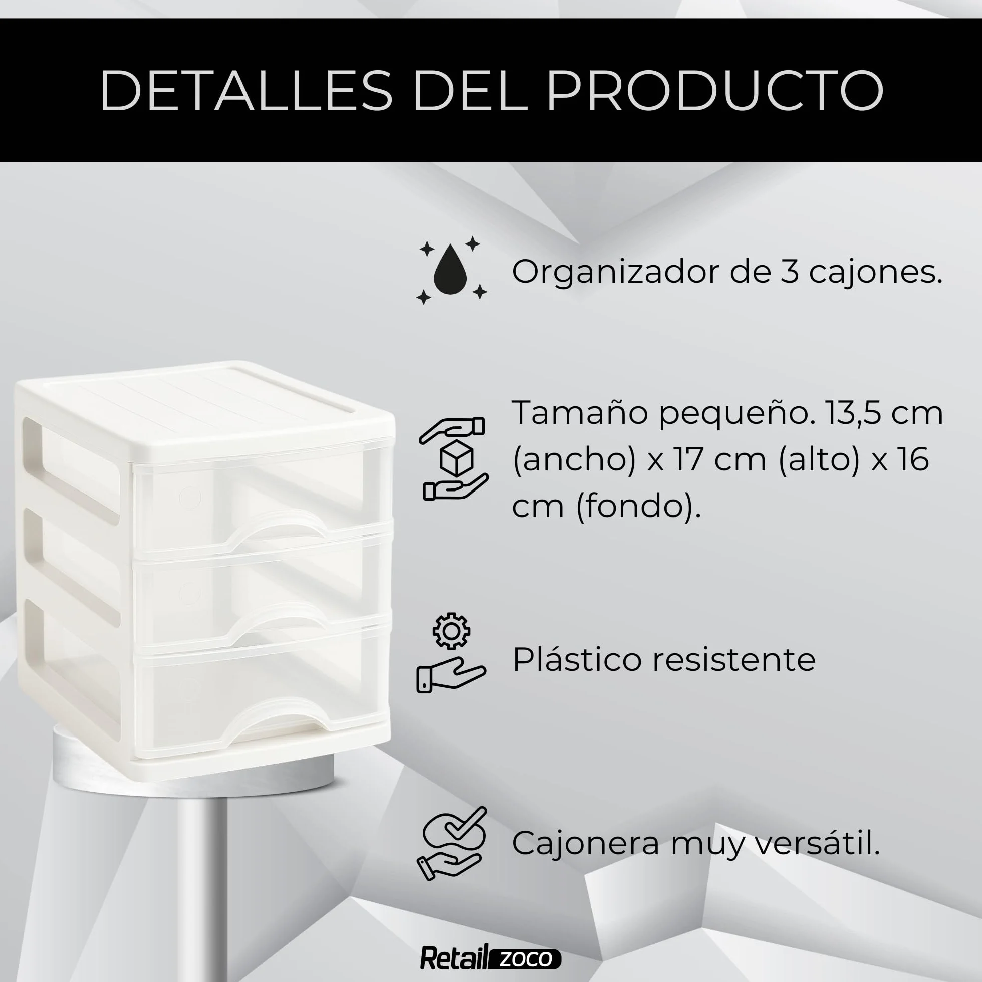 TECHZOCO Cajonera de Almacenamiento con 3 cajones, Unidad de almacenamiento 3 niveles, Torre de almacenaje, Organizador de escritorio, 14 cm ancho x 17 cm fondo x 17 cm alto, Apto para escritorio