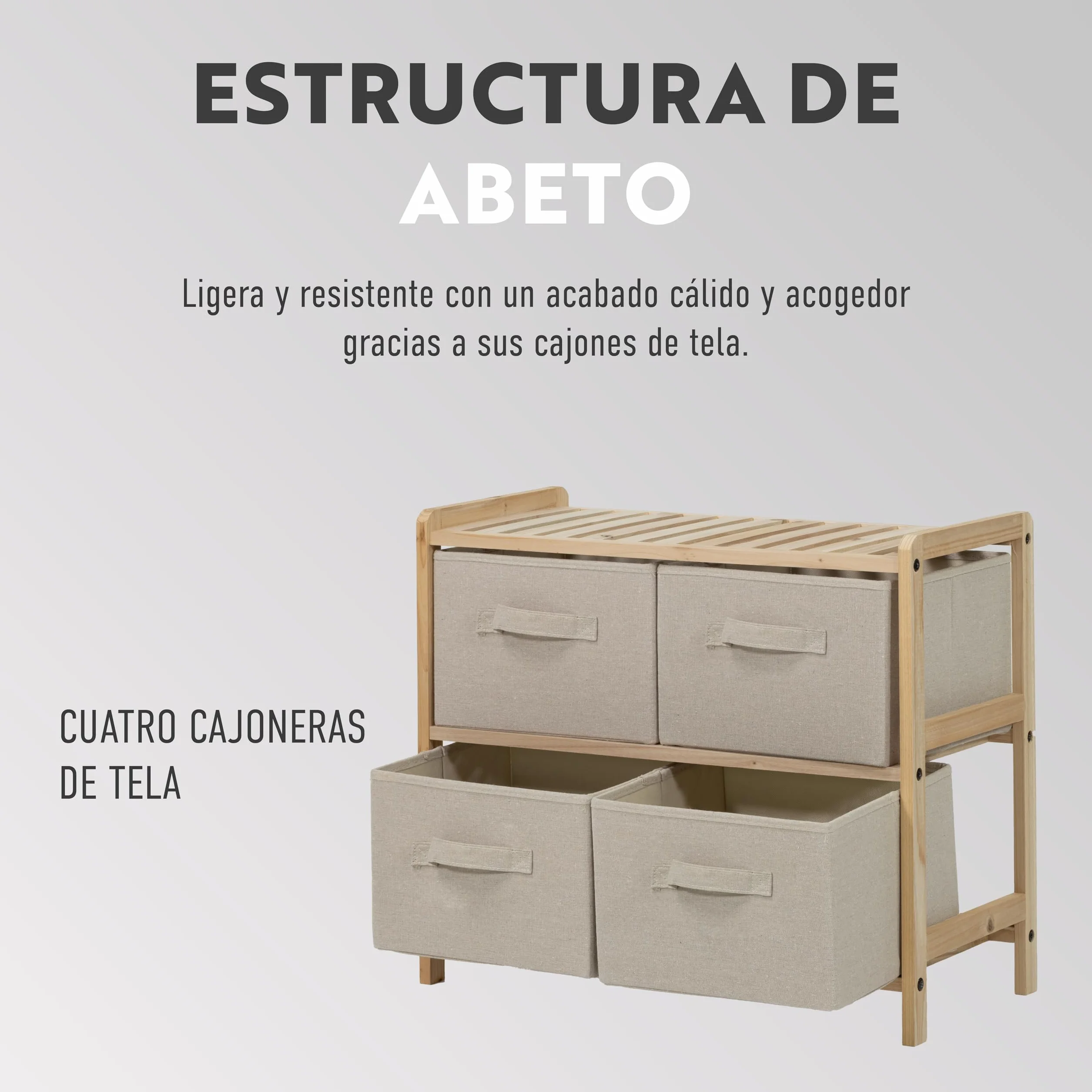 Organizador de madera de abeto Cajonera de Tela 4 cajones Mueble auxiliar dormitorio baño salón