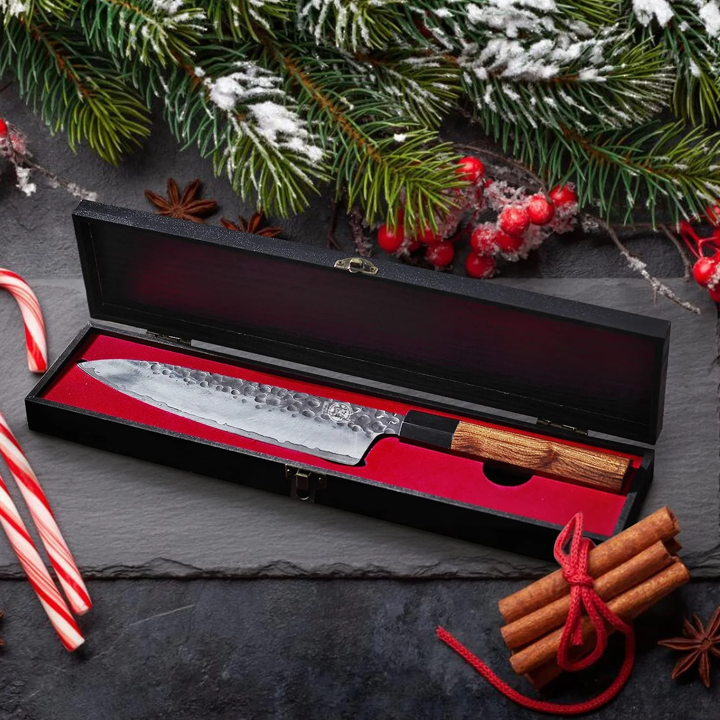 MITSUMOTO SAKARI Cuchillos Cocina Gyuto, Cuchillo Japones de Acero de Alto Carbono, 20 cm Cuchillos Cocina Profesional Forjados a Mano (Mango de Palo de Rosa y Caja de Regalo)
