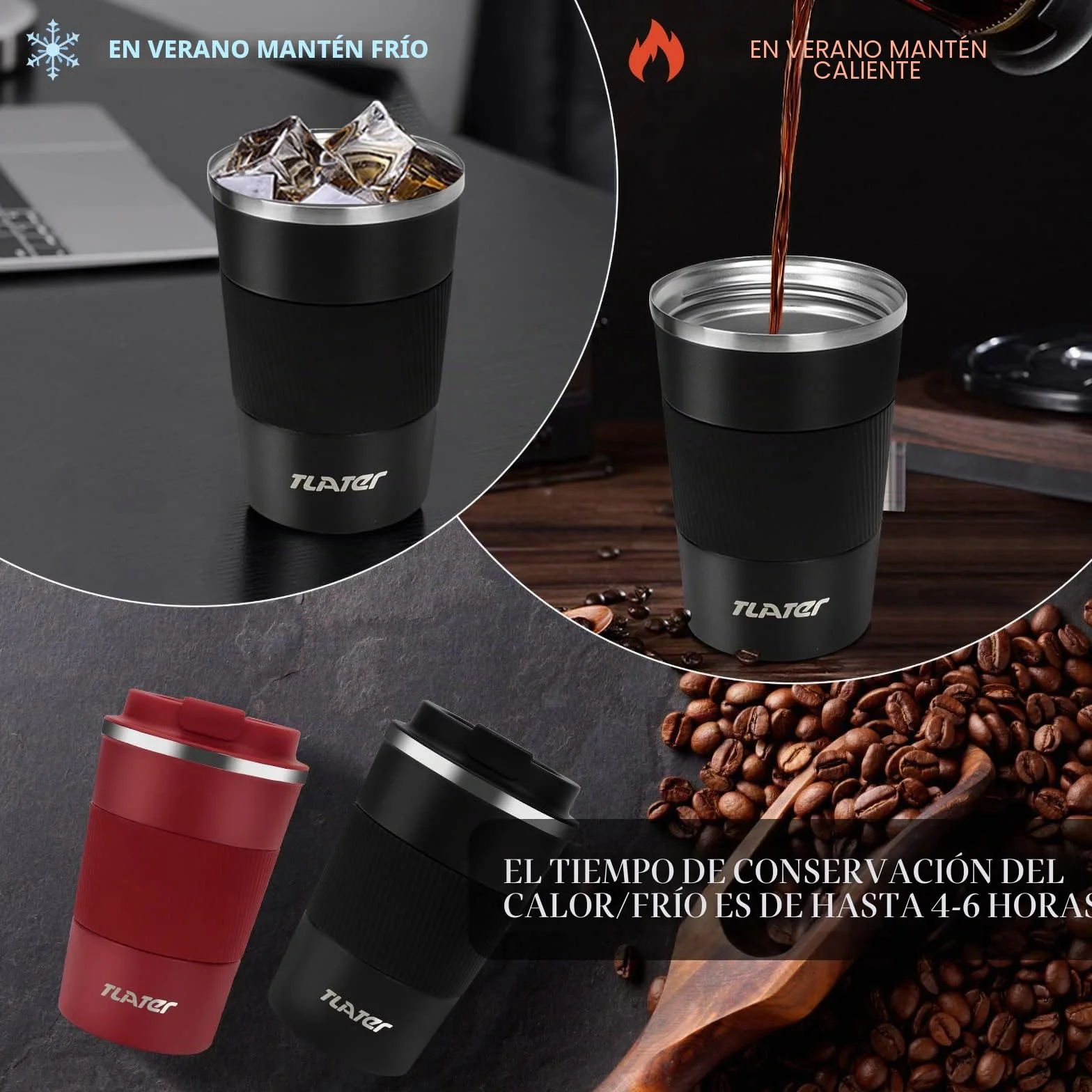 Tlater Taza de café para llevar, 380 ml, termo con tapa a prueba de fugas, vaso de viaje de doble pared, de acero inoxidable, taza de viaje para café y té (negro)