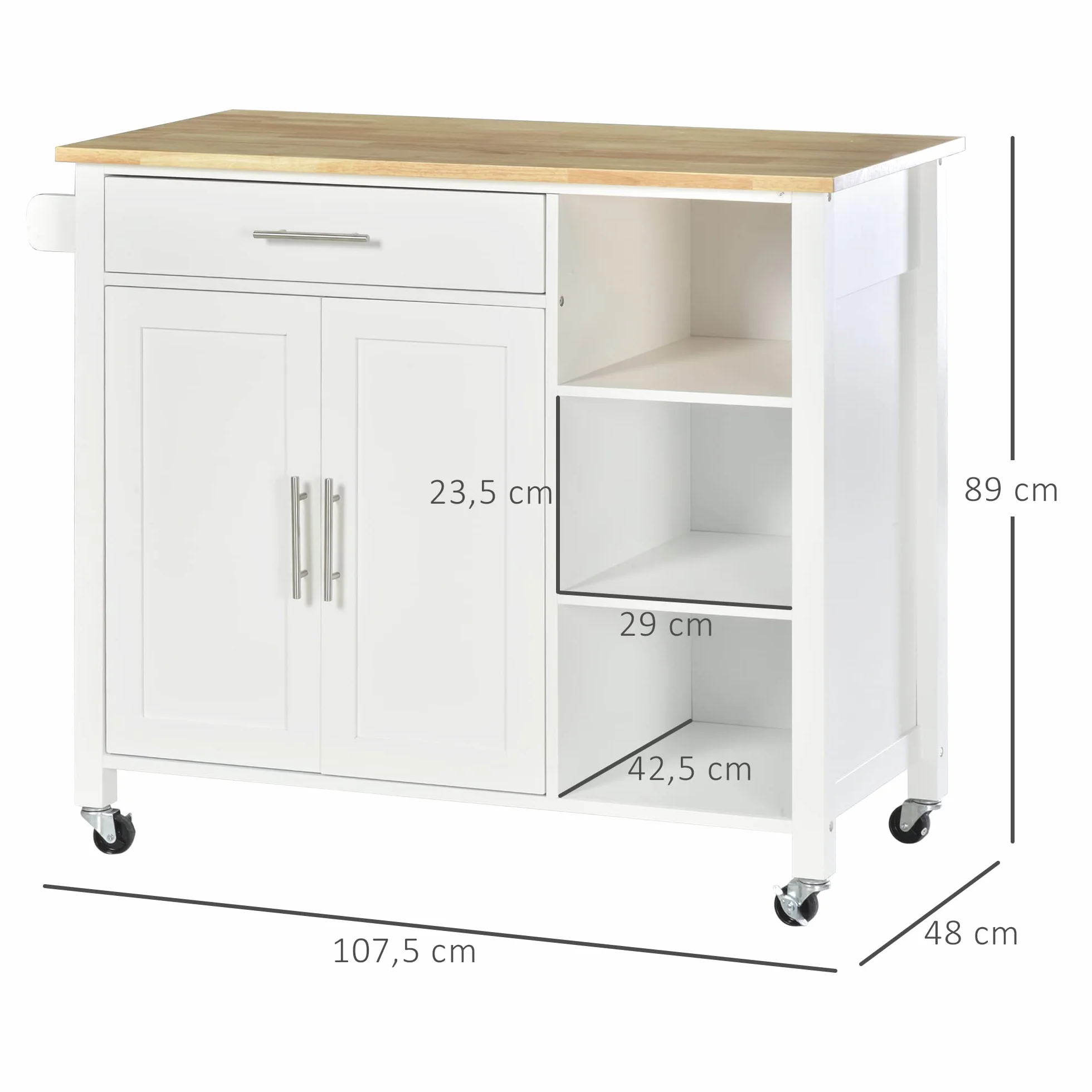 HOMCOM Isla de Cocina con Ruedas Mueble Auxiliar de Cocina con 1 Cajón 2 Puertas 3 Estantes Abiertos y Barra Lateral para Comedor 107,5x48x89 cm Blanco
