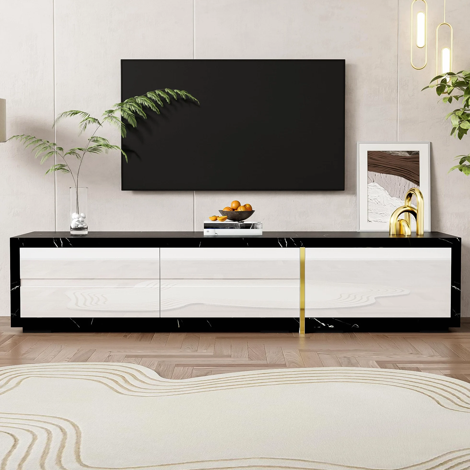 Moimhear Mueble de TV con longitud variable (140-260 cm), función giratoria, efecto mármol negro, acabado mate blanco y adornos dorados (blanco)