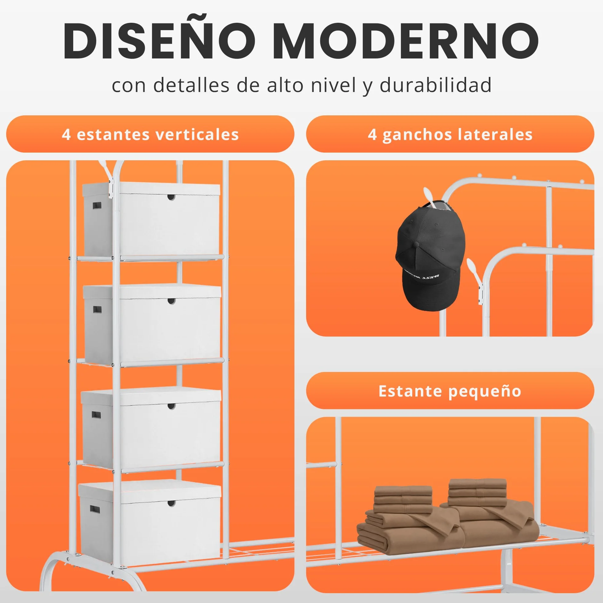 JUPPLIES Burro Ropa Resistente Perchero Doble con Soporte Ruedas Estantes Blanco