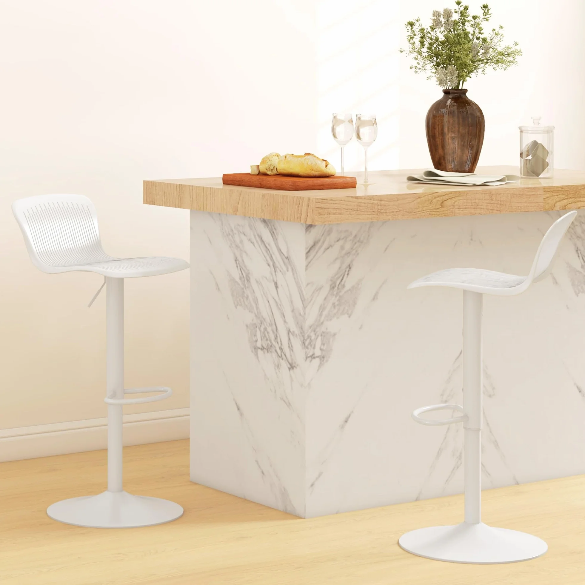 HOMCOM Conjunto de 2 Taburetes Altos de Cocina Sillas Altas Giratorias con Respaldo y Altura Ajustable Carga 120 kg para Bar Salón Comedor Blanco